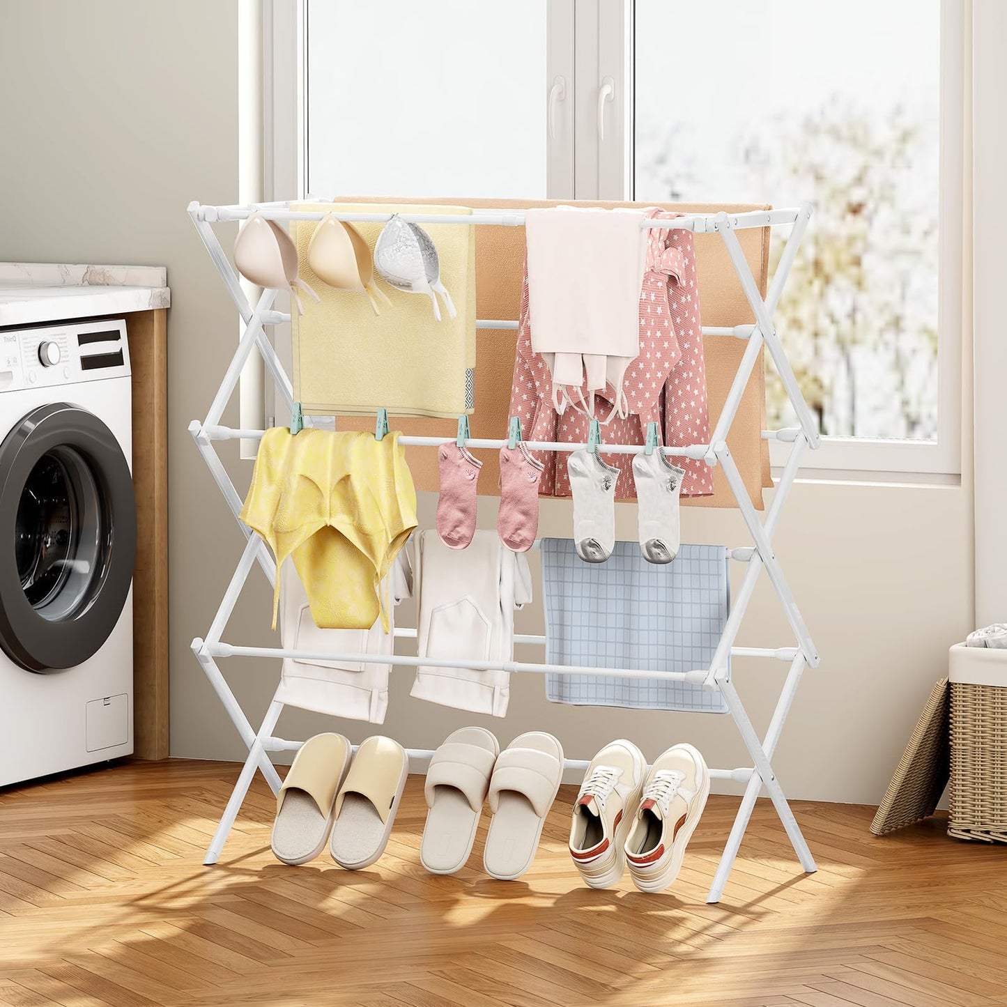 KINGBOARD Clothes Drying Rack, 3-Tier Laundry Drying Rack, Expandable Clothing Drying Rack for Indoor Air Drying Clothing, Clothing Dryer Towel Rack, White