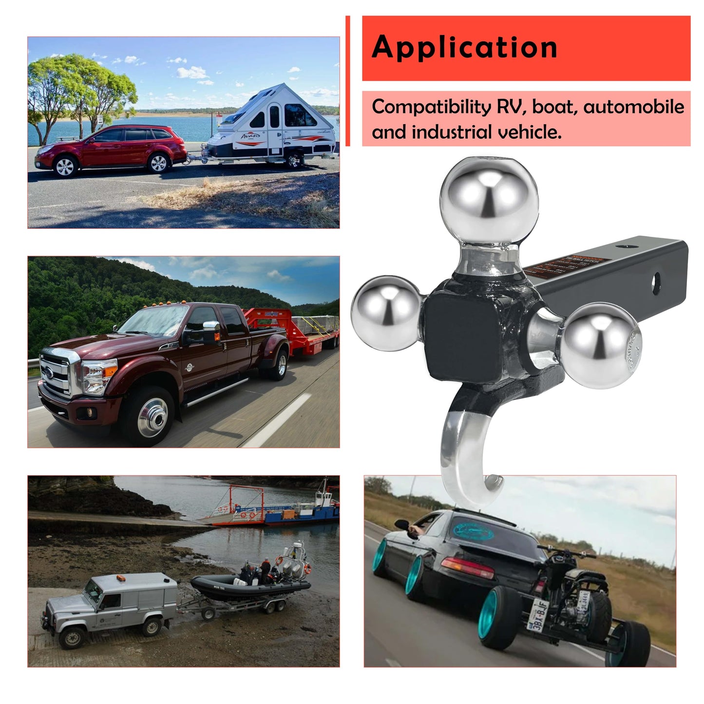 NUCHOICE Trailer Hitch Tri-Ball Mount with Hook, Fits 2” Receiver, 1-7/8”, 2”, 2-5/16” Towing Balls, Heavy-Duty Steel, Black Finish