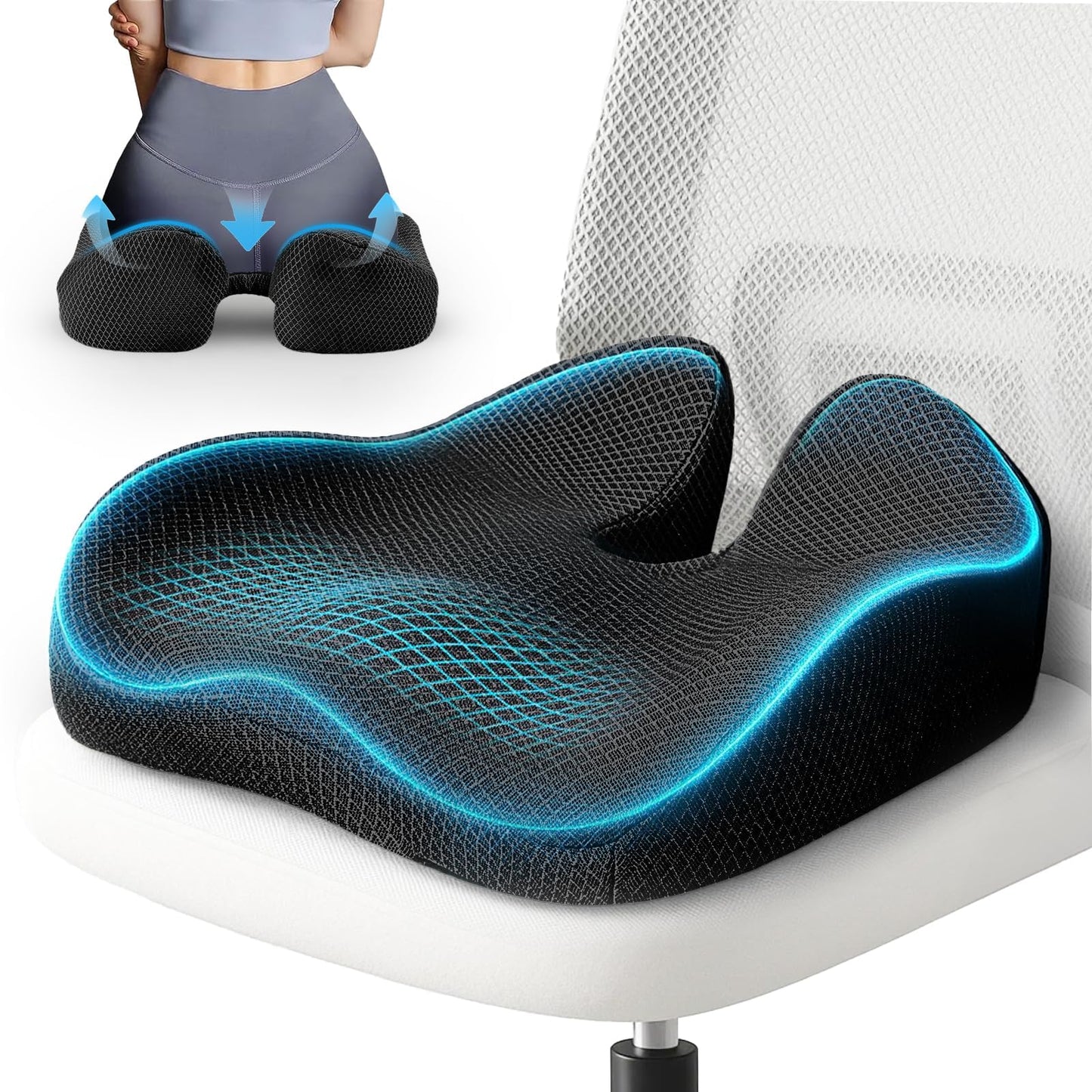 Comfortable Seat Cushions for Office Chairs, Coccyx Cushion for Tailbone Pain Relief - 19" W x 17" Extra Large Ergonomic Memory Foam Chair Seat Cushion with Removable Cover, Black