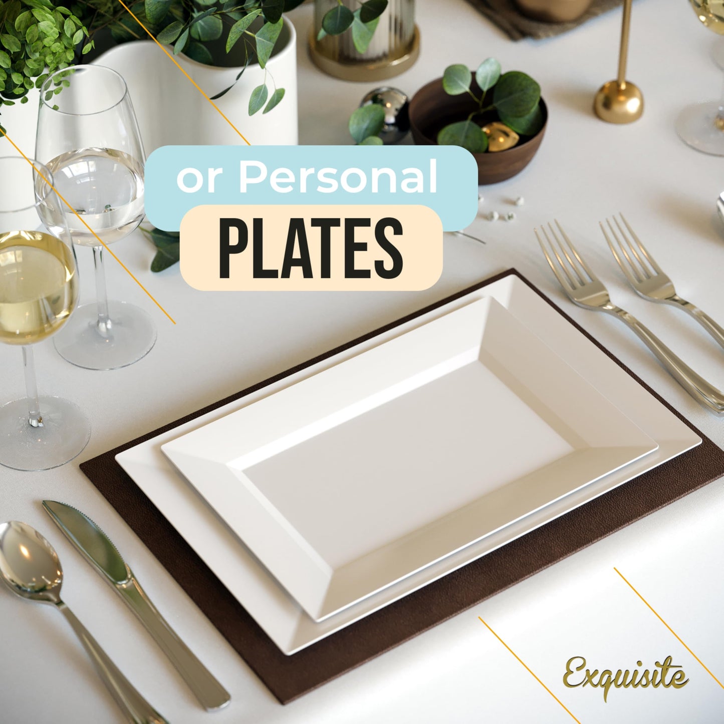 Exquisite 11.5 Inch. White Rectangular Premium Plastic Plates - 40 Count