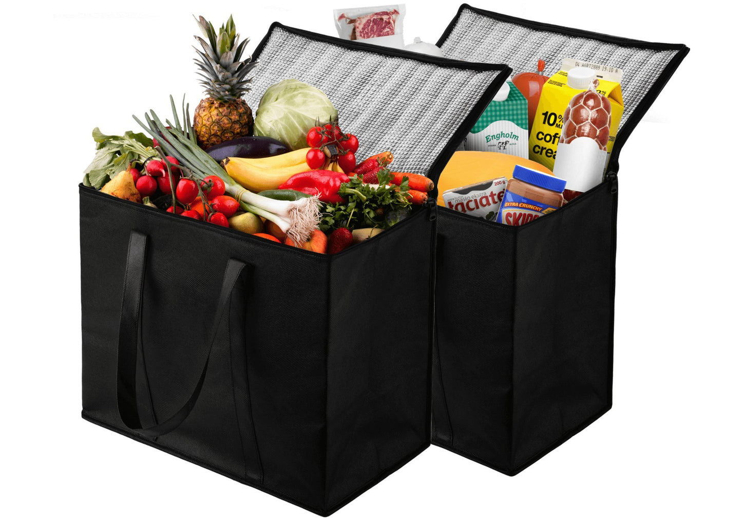 Insulated Food Delivery Bag (XL Plus) Grocery Cooler Bag, Thermal Pizza Delivery & Catering Tote, Heavy Duty & Foldable Food Carrier (2 Pack, Black)