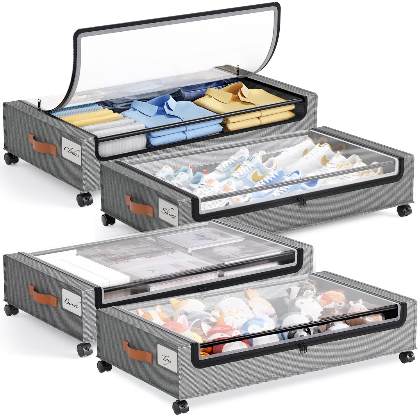 Yecaye 60L Under Bed Storage with Wheels, 4 Pack Under Bed Storage Containers, Underbed Shoe Storage with Clear Window & Label, Rolling Under Bed Metal Drawer for Clothes, Shoes, Books, Lightgrey