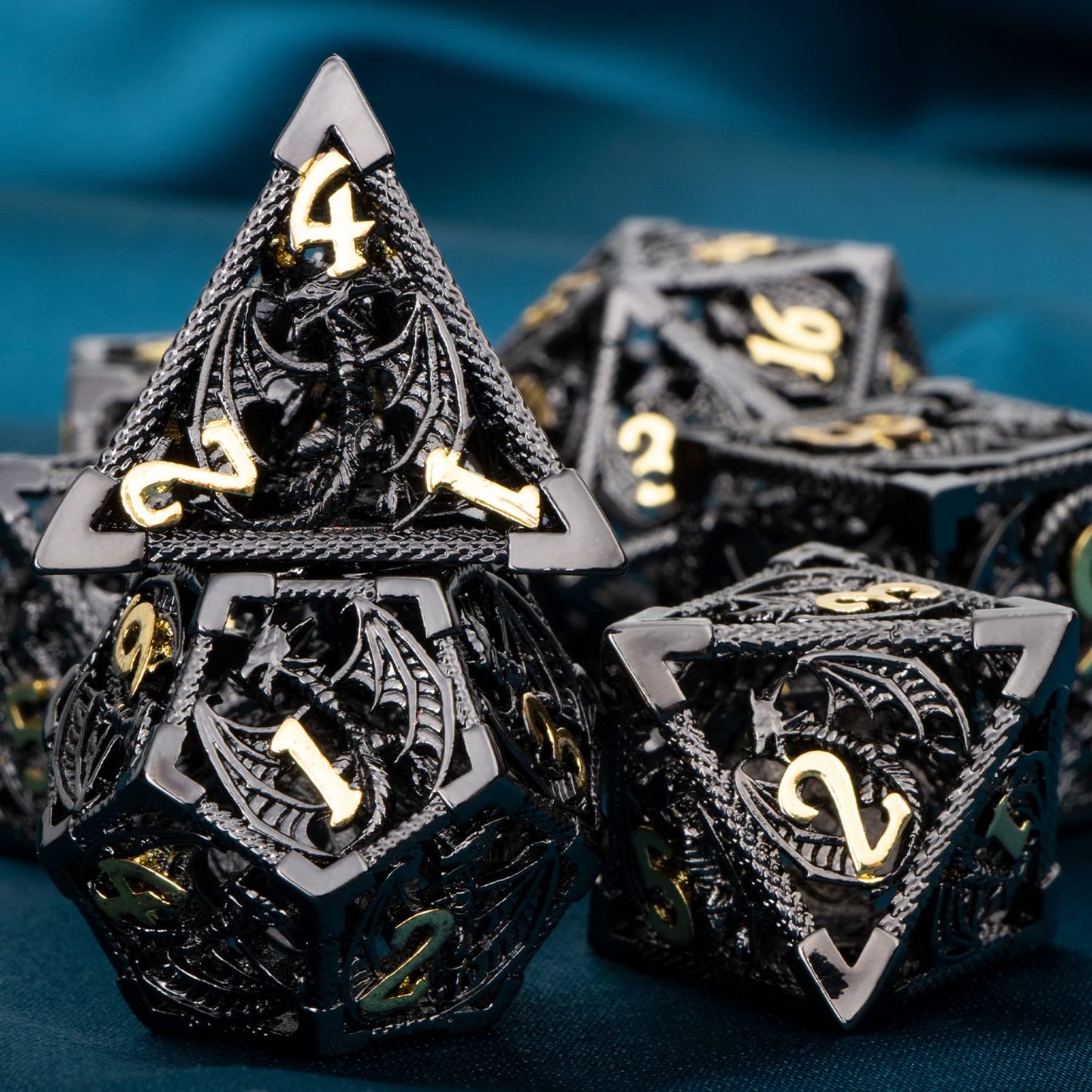 ARUOHHA Hollow Metal DND Dice Black Gold Dragons Dice Set with Gift Box, Compatible with D&D RPG Role Playing Game, Dungeons Polyhedra D and D Dice D20 D12 D10 D8 D6 D4
