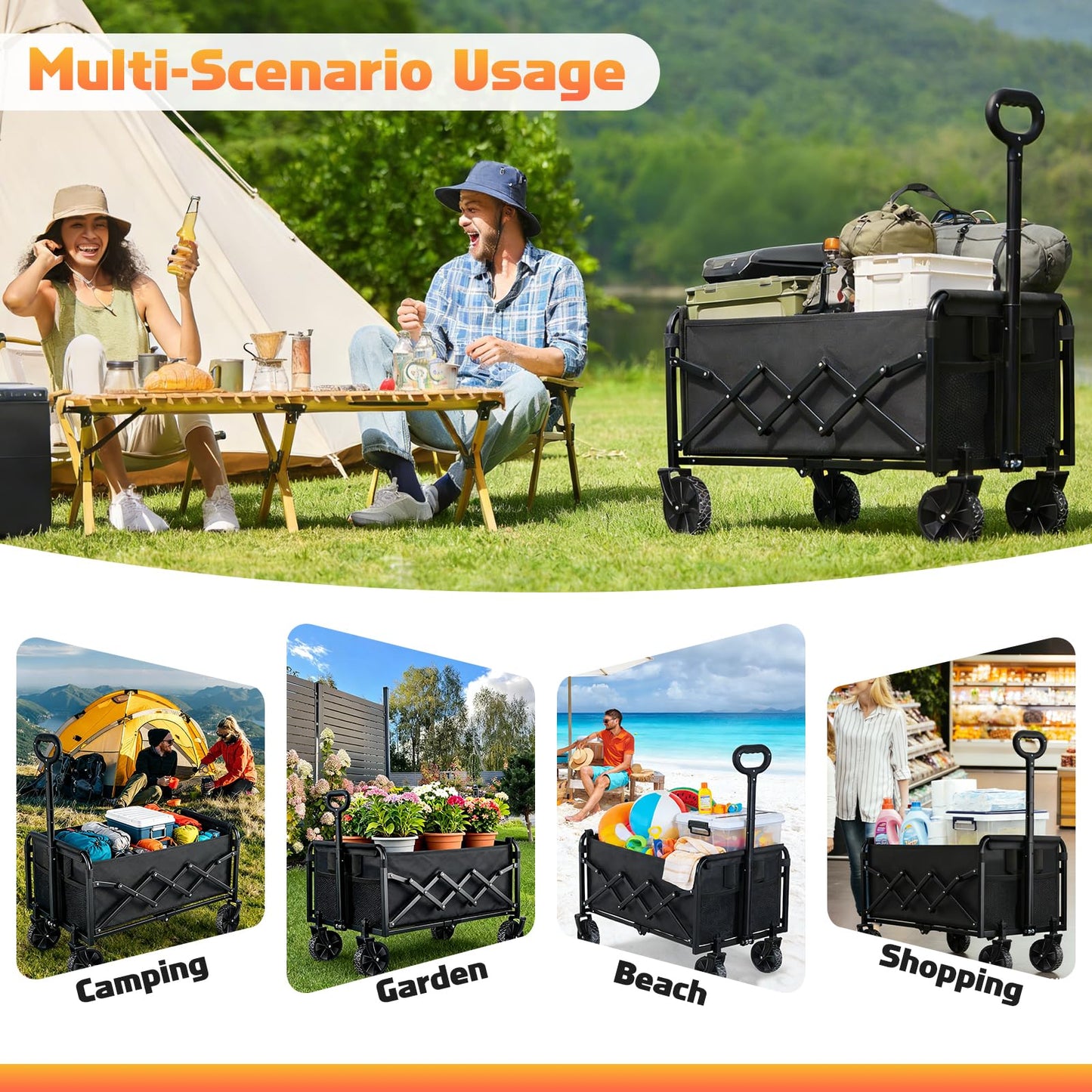 220LBS Collapsible Foldable Wagon Carts - Heavy Duty Portable Folding Utility Wagons with All-Terrain Wheels for Grocery Sports Shopping Camping Garden Beach, 2 Drink Holders/Lightweight/Black
