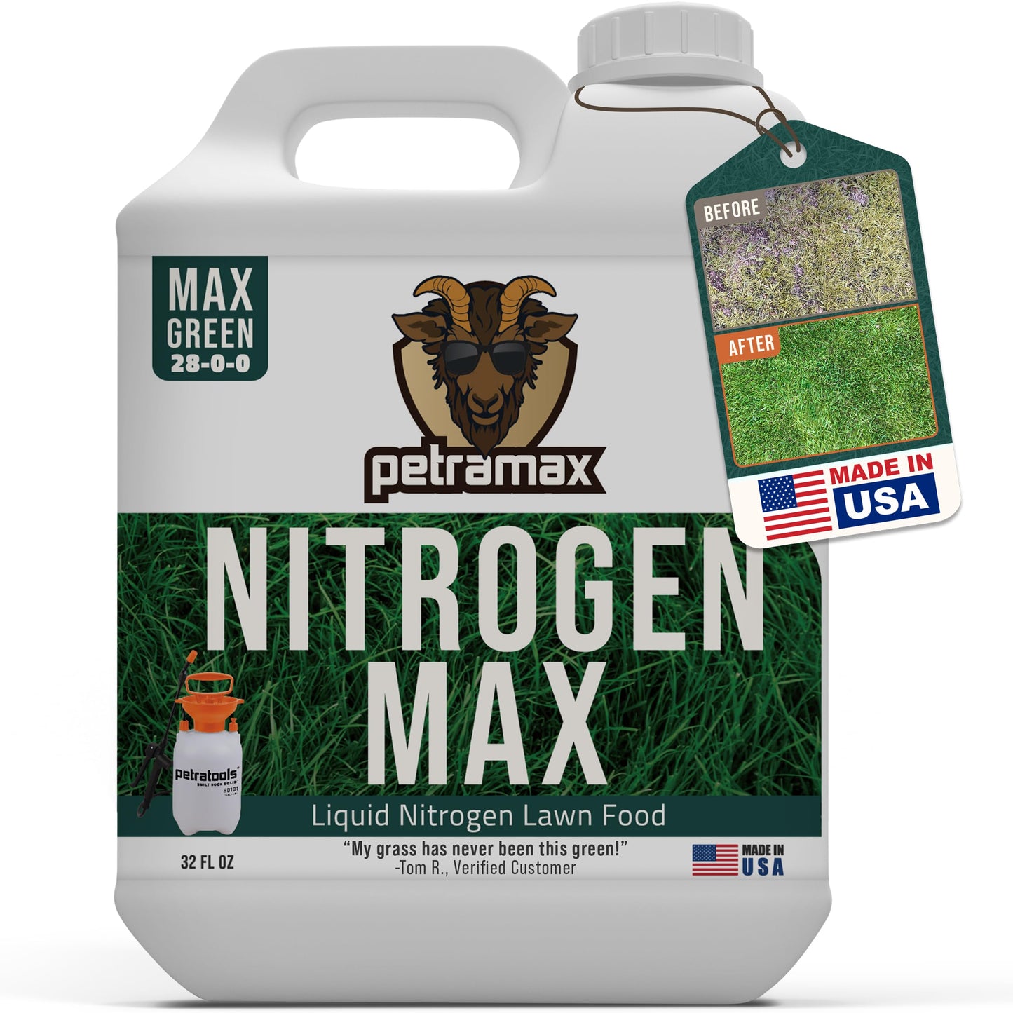 PetraTools Liquid Nitrogen Fertilizer 28-0-0, High Spray for All Grass Types, NPK Concentrate for Max Green Grass, Lawns & Plants (32 Oz)