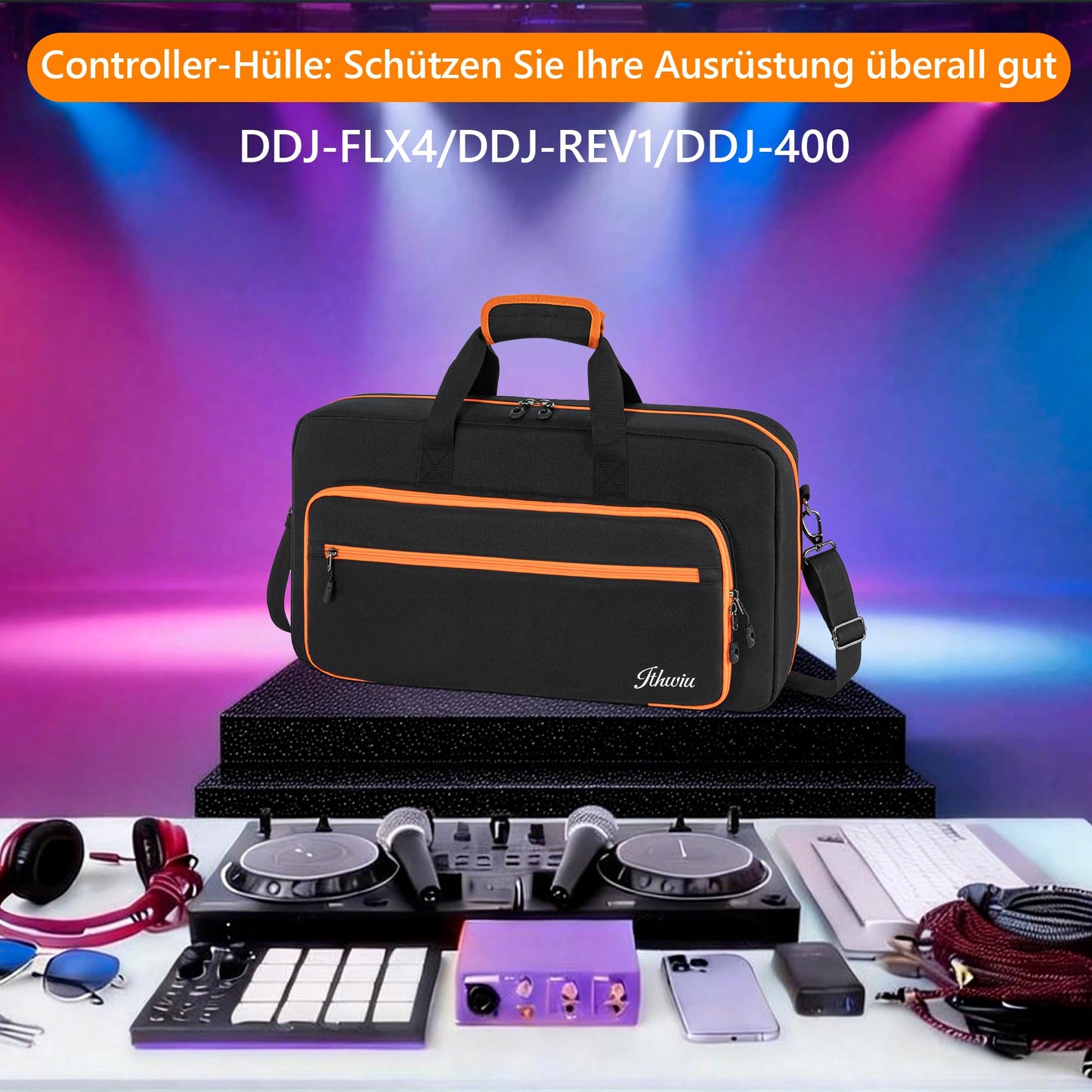 AKOZLIN DJ Controller Case for DDJ FLX4/ DDJ REV1/ DDJ 400/SB2/SB3 DJ Carrying Case with Pearl Cotton Padded, Adjustable Shoulder Strap, 15.6" Laptop Compartment and Accessory Pockets