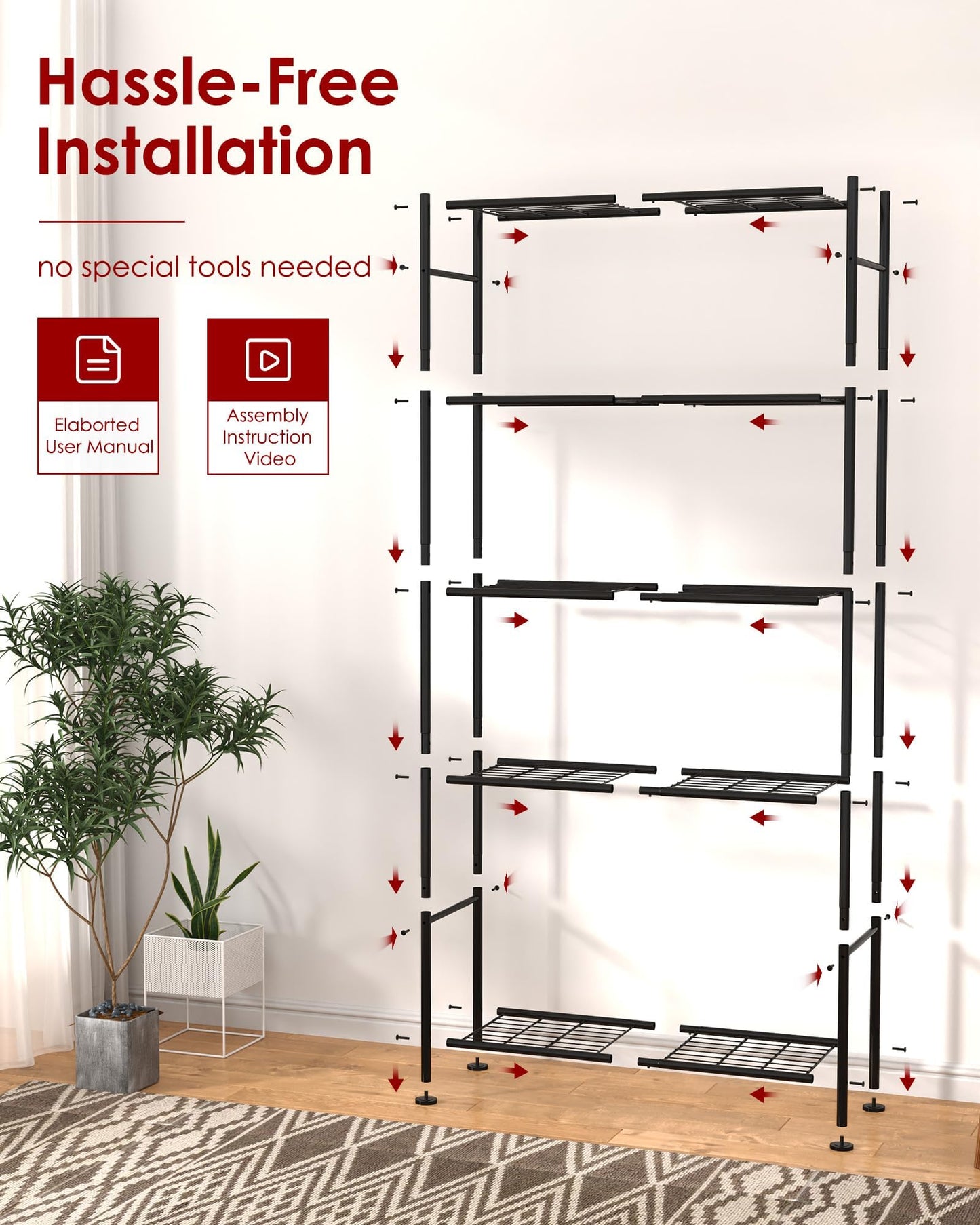 Sakugi 5 Tier Shelf - Heavy Duty Metal Storage Shelves with Adjustable Leveling Feet, Large Capacity Shelving Unit with Multiple Hooks for Kitchen, Pantry, Office (84 x 32 x 183 cm, Black)