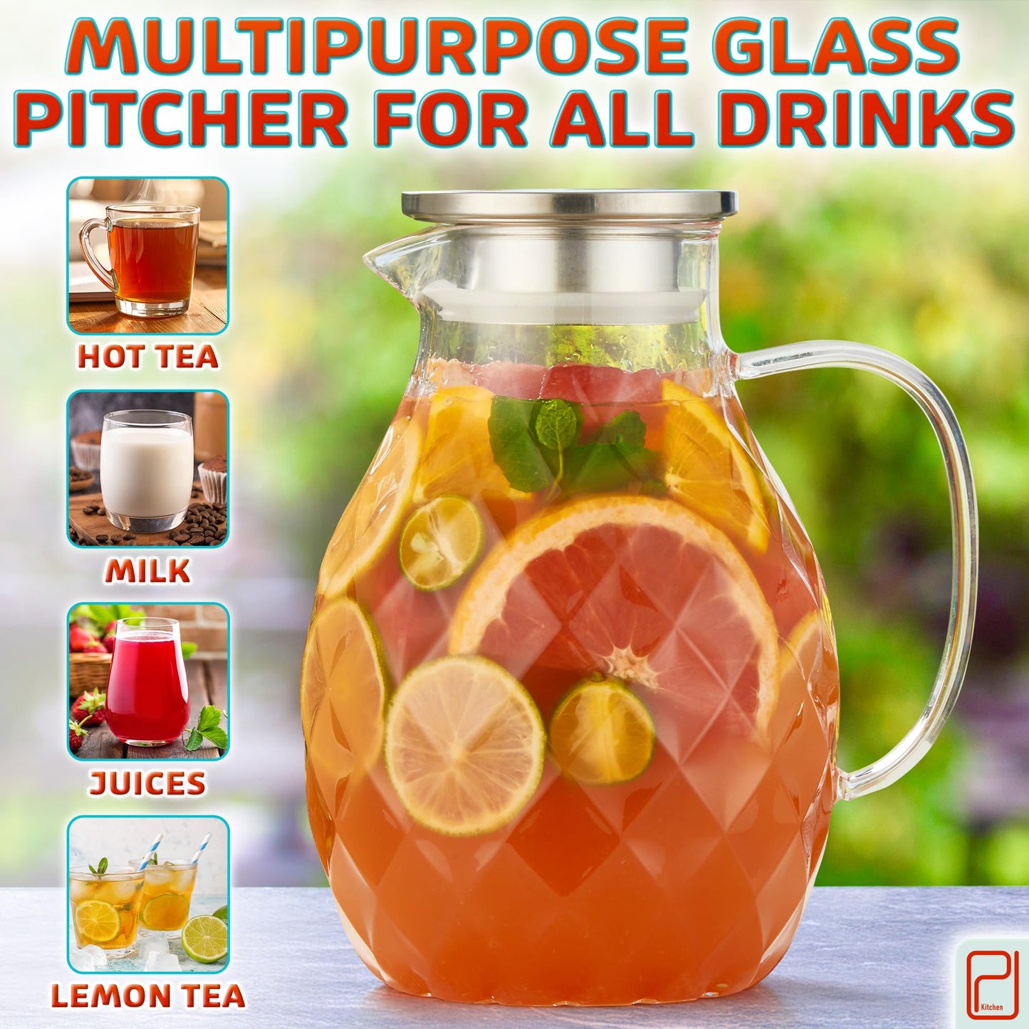 Glass Pitcher with Lid and Spout - 2 Litre / 68 oz - Borosilicate Glass Water Pitcher with Handle - Clear Beverage Container - Carafe for Hot/Cold Drinks - Iced Tea & Juice Server - by PJC-Kitchen