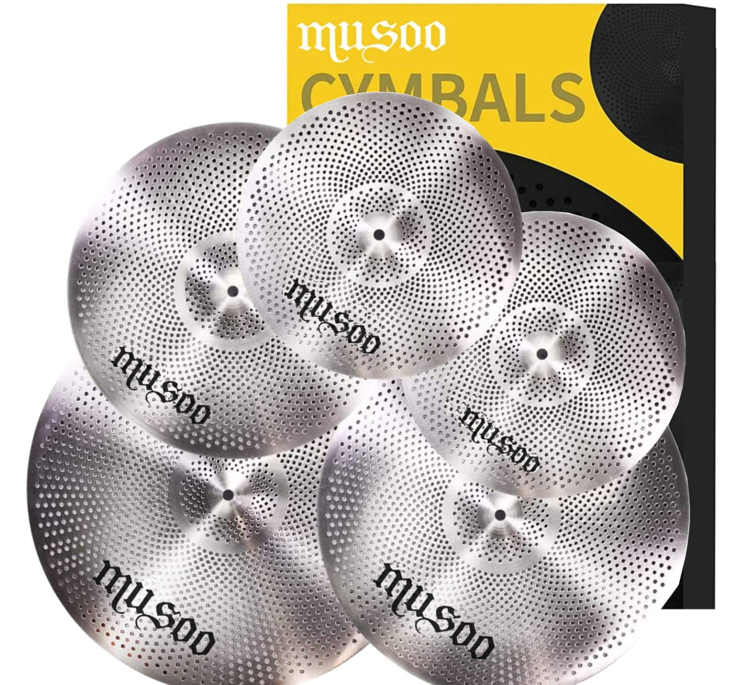 Musoo Low Volume Cymbals Pack 60%-70% 14/16/18/20 Inches Quiet Cymbals, Set of 5 pcs for Practice