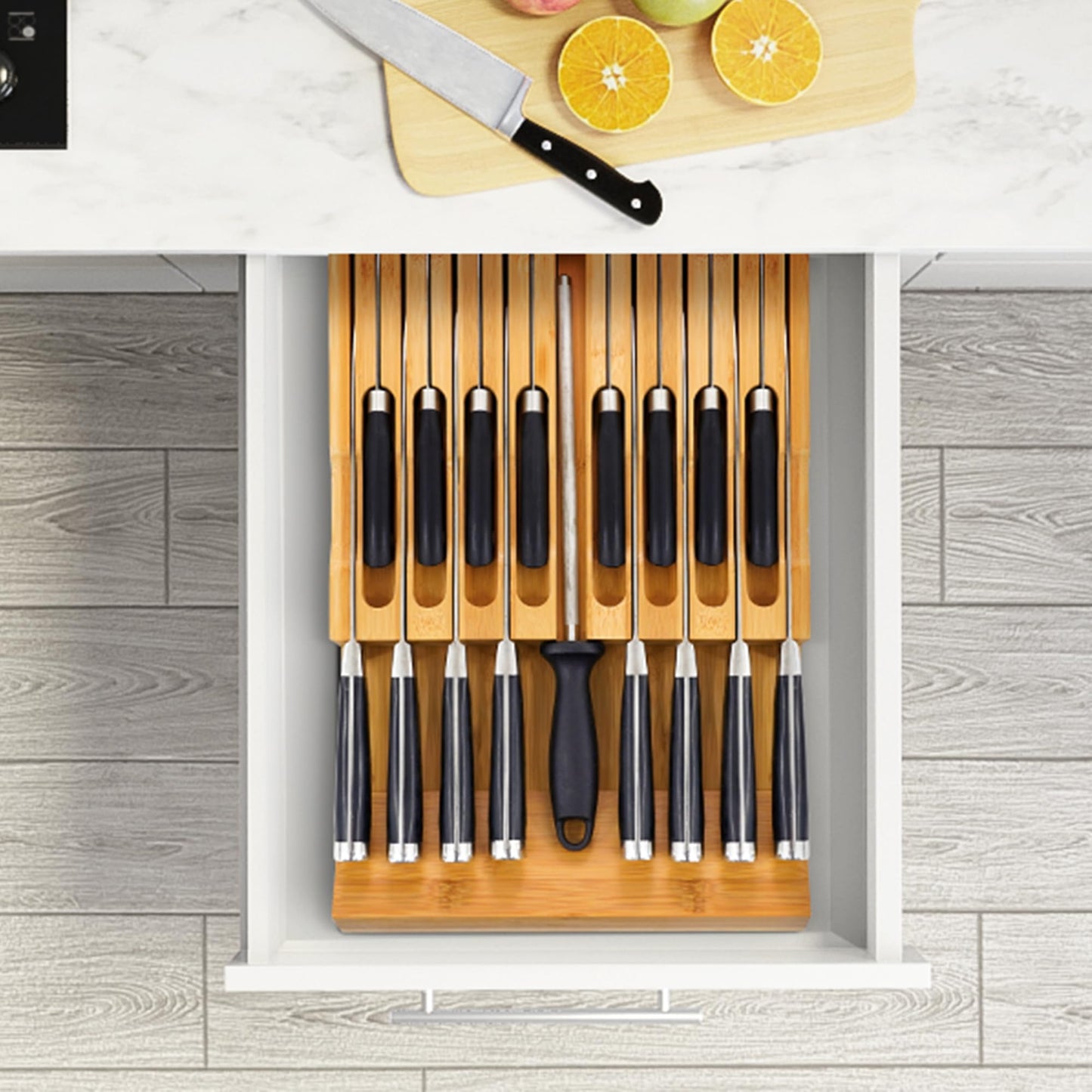 VaeFae Bamboo Knife Drawer Organizer, Knife Drawer Organizer Insert, Kitchen Drawer Knife Block for 16 Knives and a Plus Slot for Your Knife Sharpener (Without Knives)