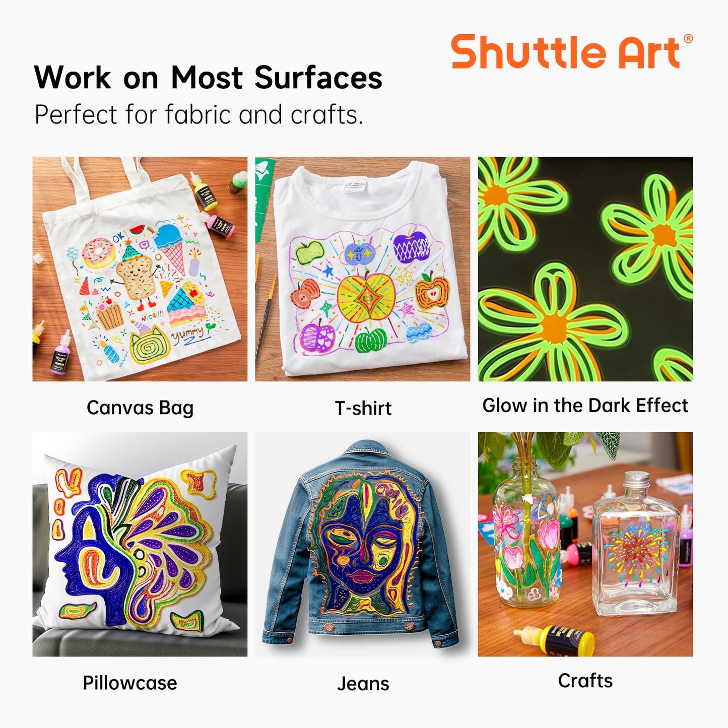 Shuttle Art 3D Textile Paint Machine Washable, 24 Fabric Paints Washable with Brushes, Templates, 3D Textile Paints with Metallic, Neon and Glitter Colours, Fabric Paints Washable Children for T-Shirt