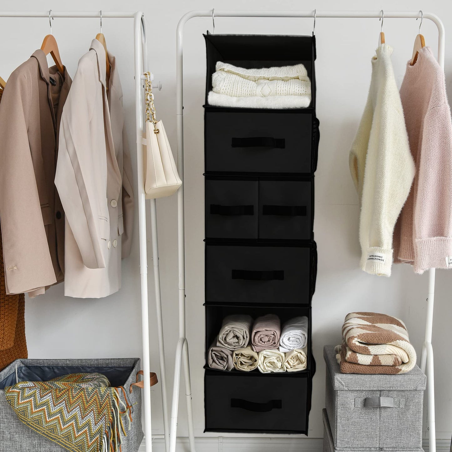GRANNY SAYS Hanging Closet Organizer with Drawers, Rangement Garde Robe, Hanging Storage Organizer, Closet Organizers and Storage for Clothes, 1-Pack, 31 x 35 x 108.4cm, 6-Shelf, Black