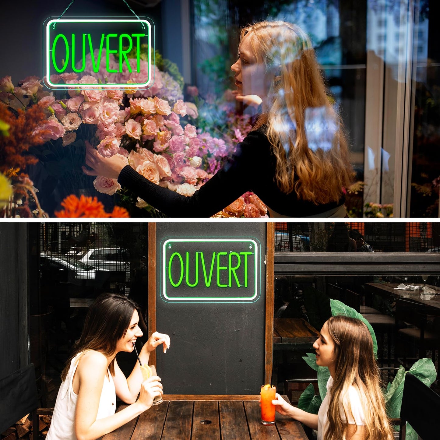 ReyeeInc Signe Ouvert Pour les entreprises, Bright and Dimmable Ouvert Sign Francais LED and USB Light up French Open Sign for Business Window Shop Store Restaurant Salon Bar Wall Office (15.4*10.2")