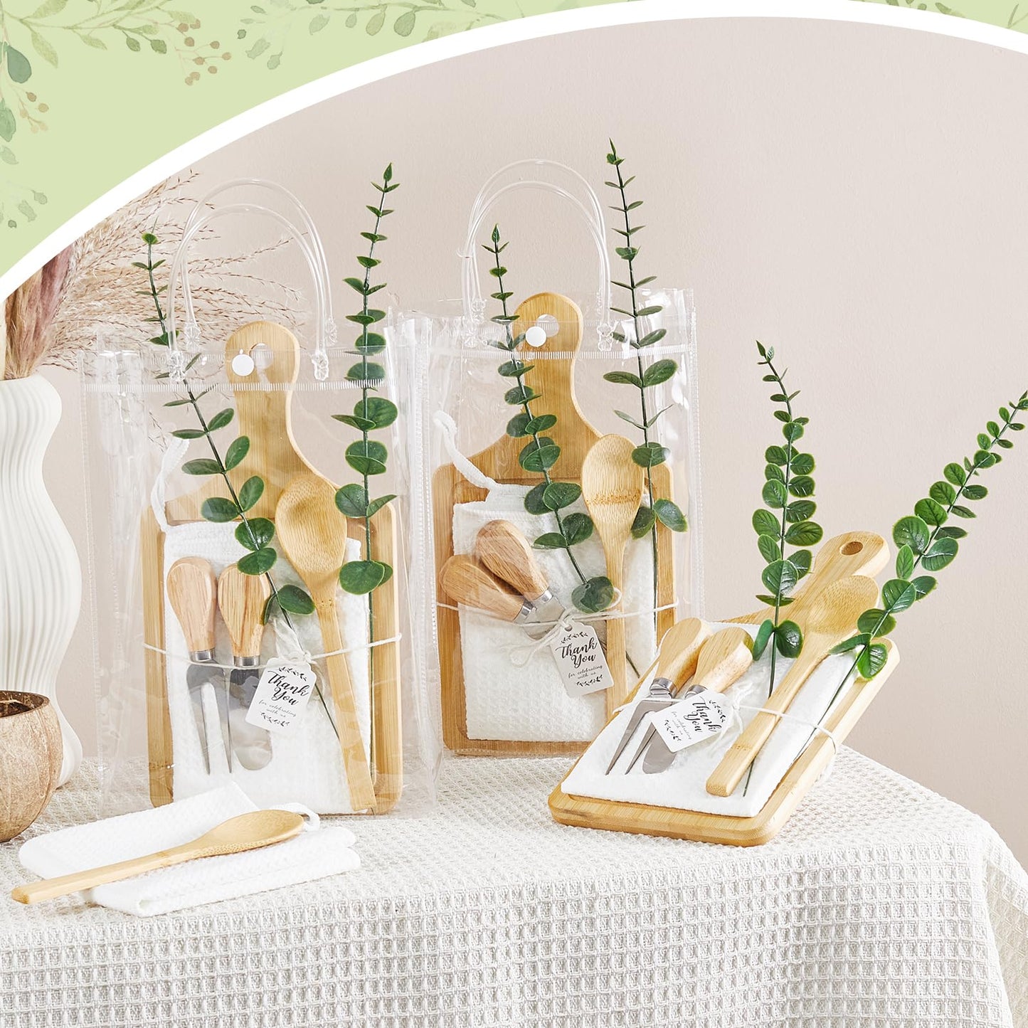 109PCS Baby Shower Prizes for Game Winners Bamboo Cheese Board Spoon Fork Butter Spreaders Plaid Towel Thank You Card and Gift Bags for Baby Shower Wedding Bridal Shower Favors (Bamboo, 12 Sets)