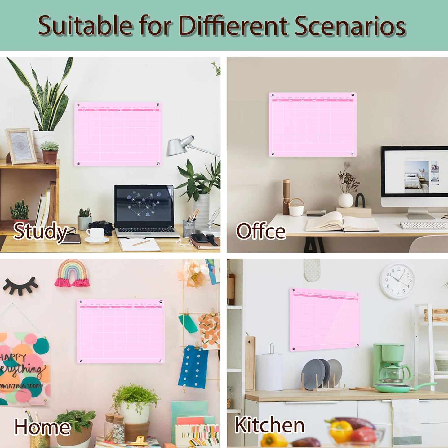 Marribol Acrylic Calendar for Wall,30x40cm,Acrylic Monthly Calendar for Wall,Pink Dry Erase Board for Home Office School
