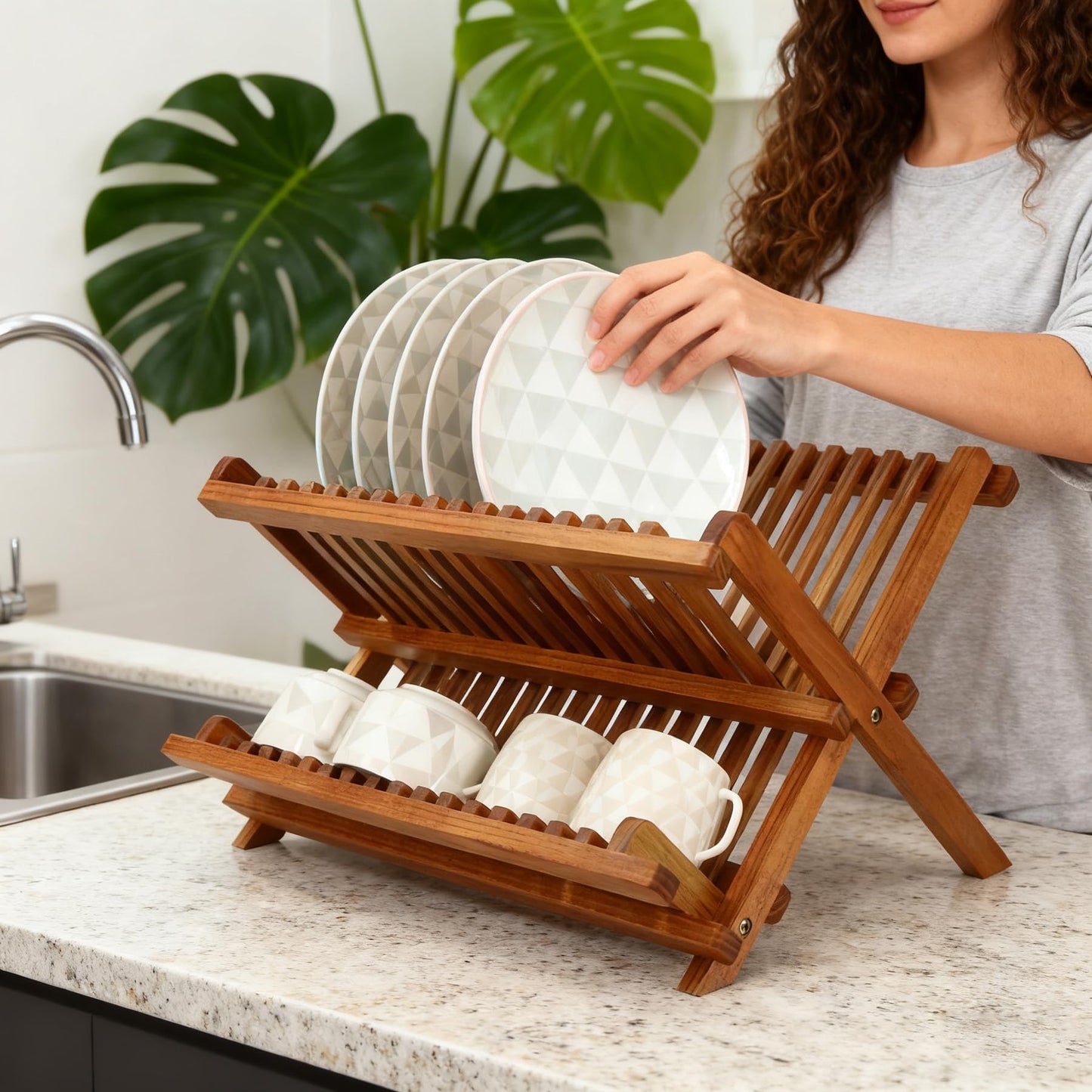Utoplike Teak Wood Dish Drying Rack, Collapsible 2-Tier Drainer Rack, Plate Rack Holder for Kitchen Countertop, Foldable for Compact Saving
