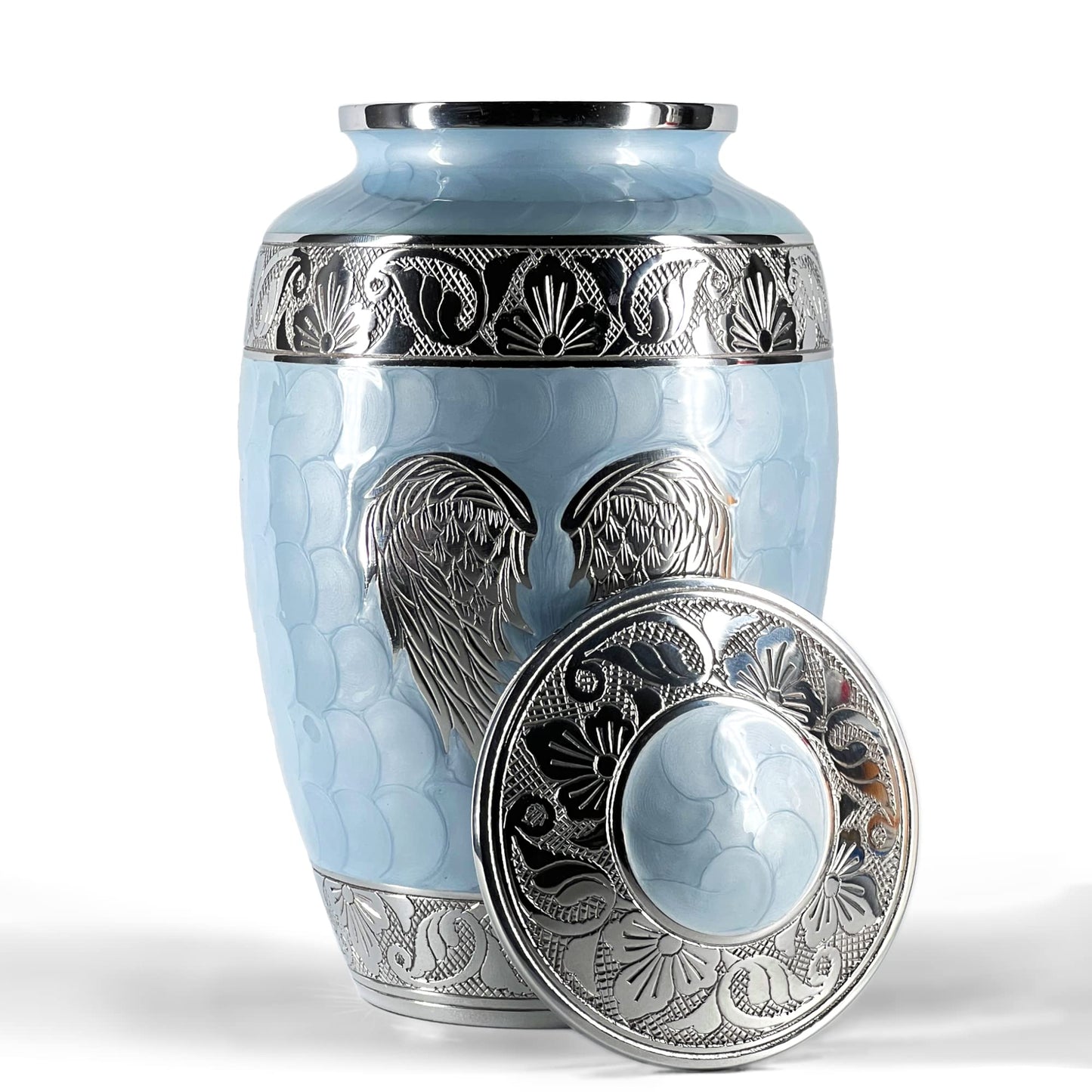 Cremation Urns for Human Ashes Adult Female and Male – Decorative Large Burial Funeral Urn with Angel Wings Design, Sky Blue