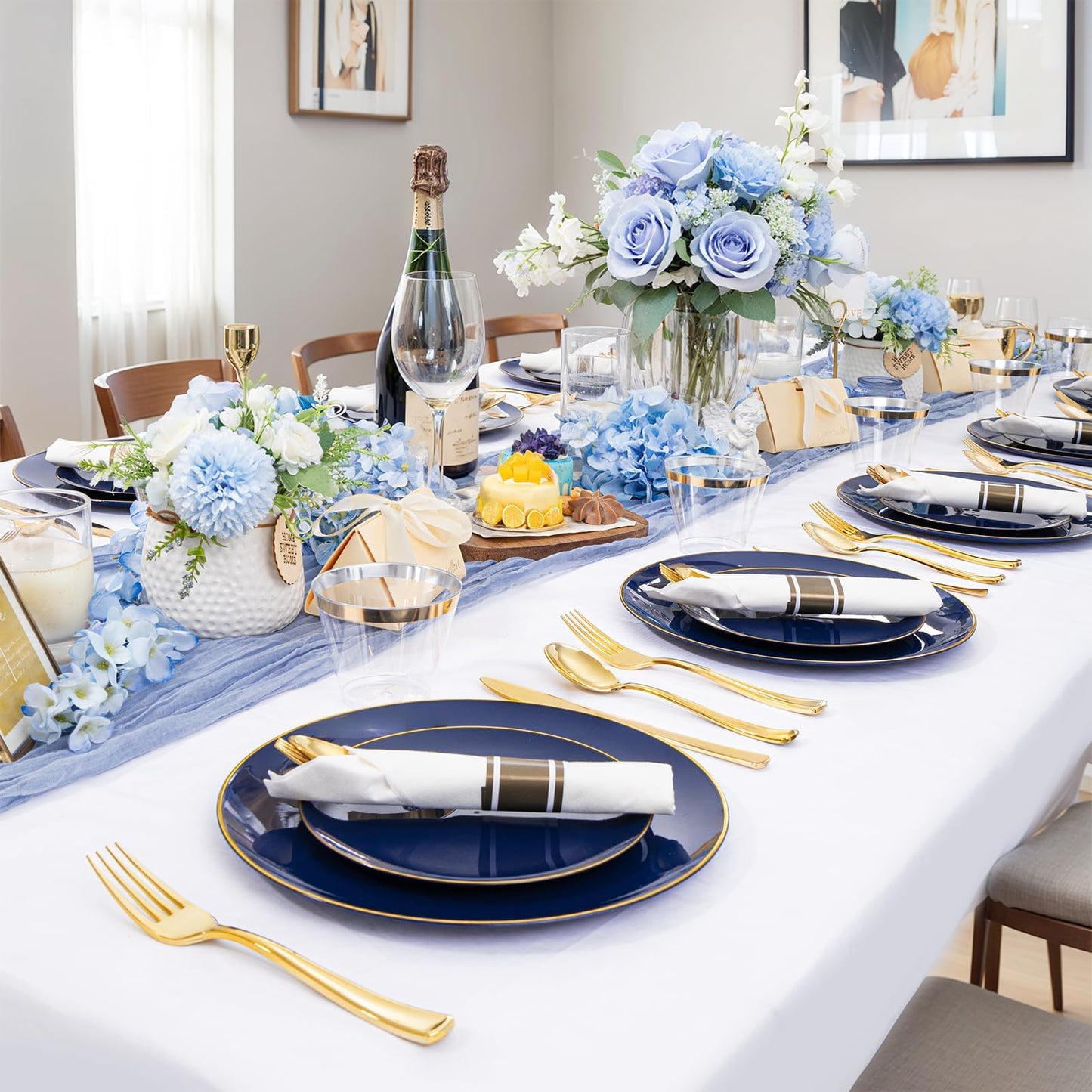 WDF 150Pcs Blue Plastic Plates - Blue and Gold Disposable Plates - 25guest Disposable Dinnerware Include 25 Dinner Plate, 25 Dessert Plate, 75 Cutlery & 25 9oz Cups for Wedding & Parties
