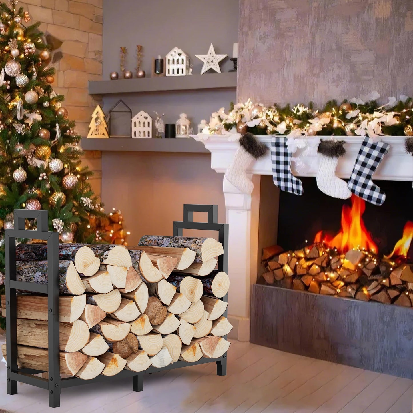 30 Inch Firewood Rack Outdoor Indoor with Handle and Log Carrier Bag, Stable Metal Wood Rack Heavy Duty Log Holder for Fireplace Patio Deck, Rustproof Firewood Storage Organizer Tool, Black, Square