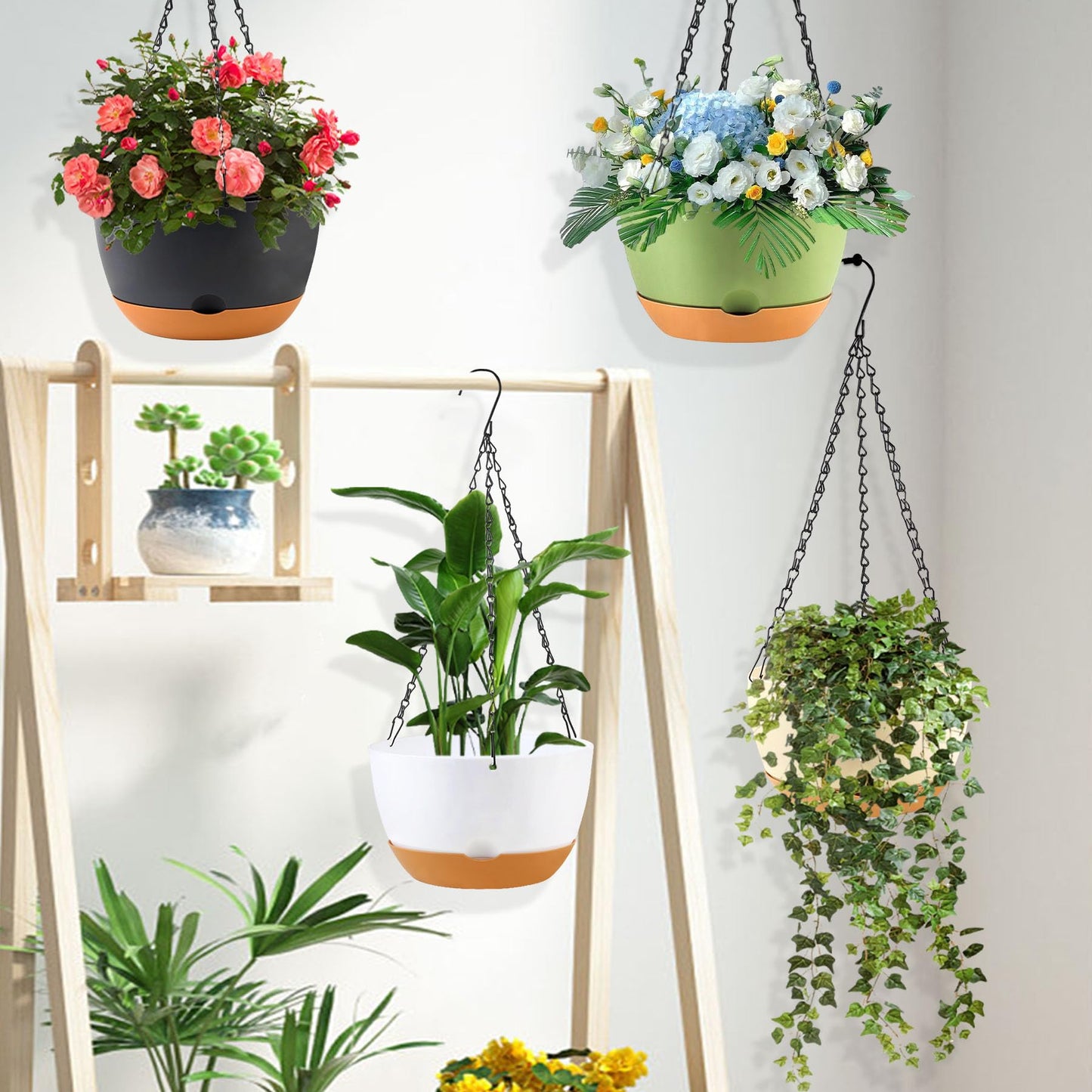 10 inch Plant Pot Hanging Planters Self Watering Pots for Indoor Plants, 3 Pack Plastic Hanging Basket with Removable Tray for Home Garden Porch Balcony Patio Decor(Black)