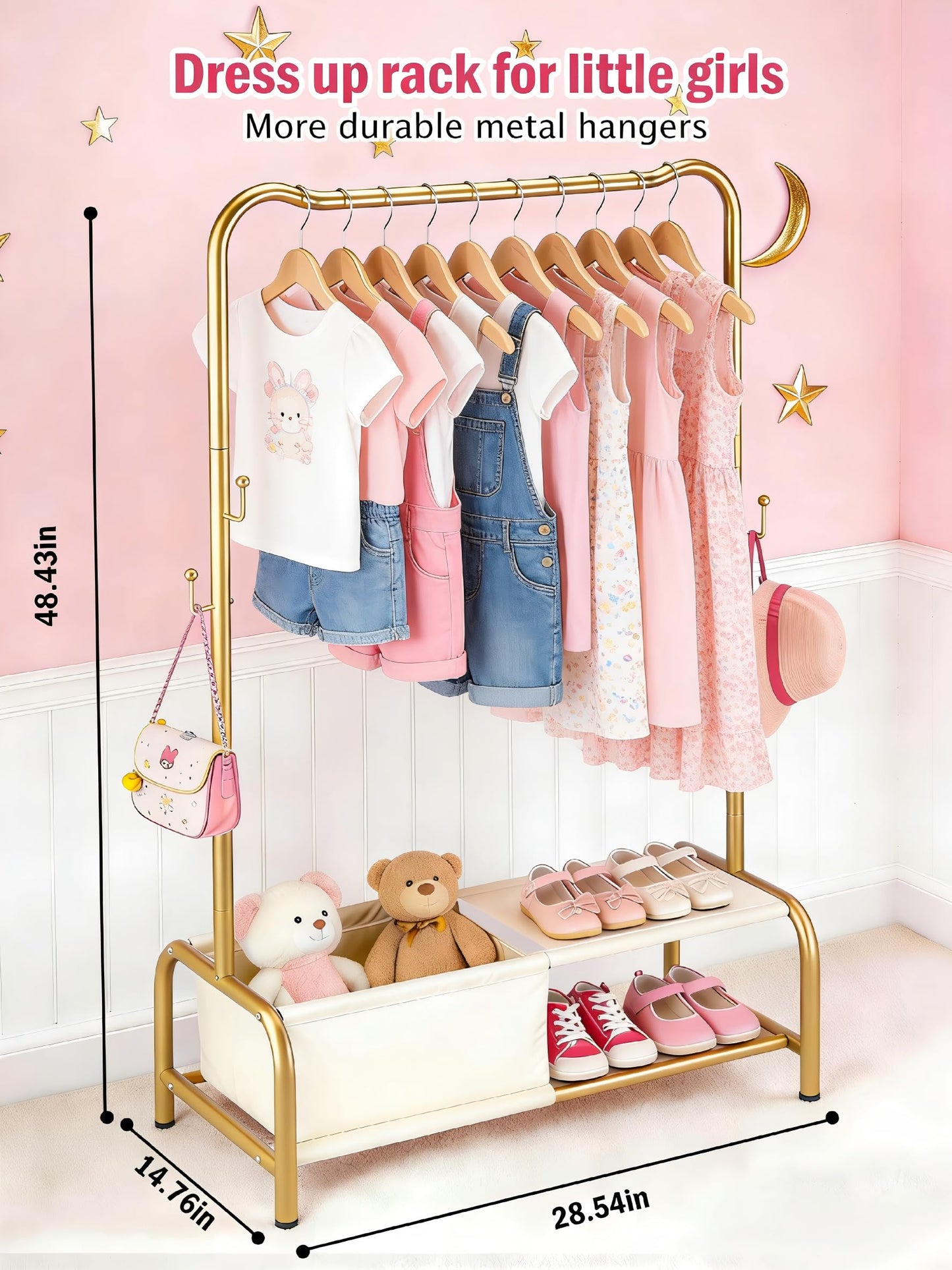 Kids Clothing Rack with Storage Shelf - Portable Kids Dress Up Rack for Baby Clothes, Costumes - Heavy Duty Toddler Garment Organizer, Closet for Kids Room, Girl Gift Idea -Gold