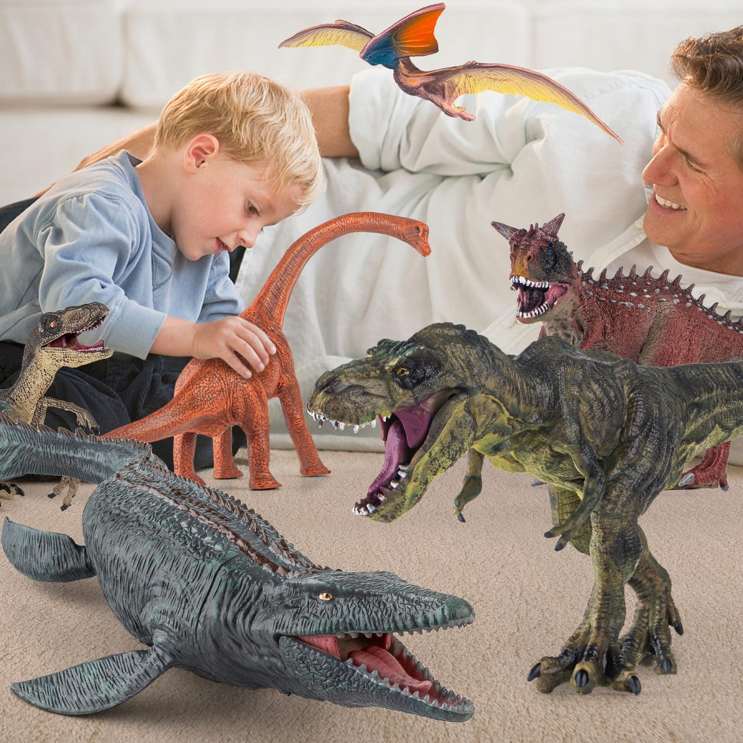 BOKABOKA 6 Pack Big Dinosaur Toys Set,Realistic-Looking Dino T-Rex Carnotaurus,Blue Velociraptor, Mosasaurus Toy for Boys Girls Children Kids Toddler 3-12 Years Old,Brithsay