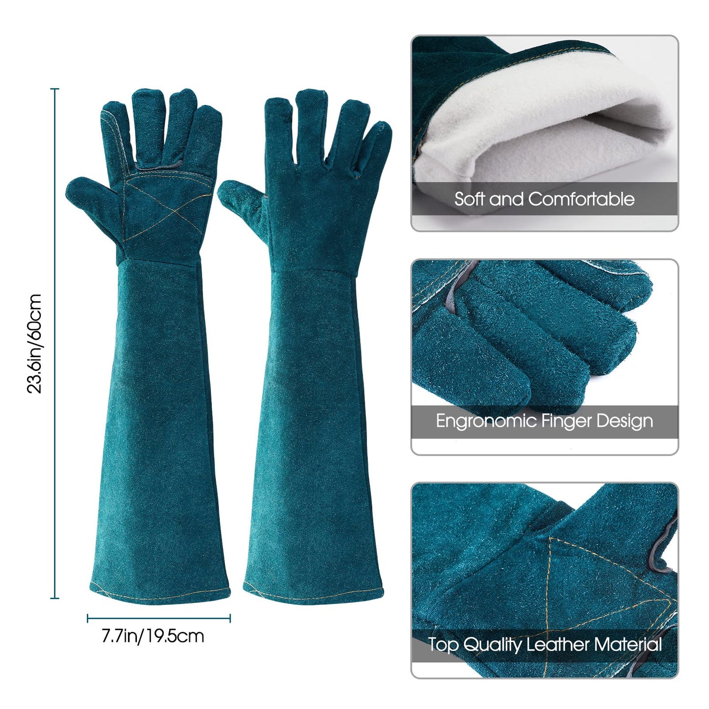 23.6IN Animal Handling Gloves Bite Proof Kevlar Reinforced Leather Padding Dog,Cat Scratch,Bird Handling Falcon Gloves Grabbing,Reptile Squirrel Snake Bite,Dark Green