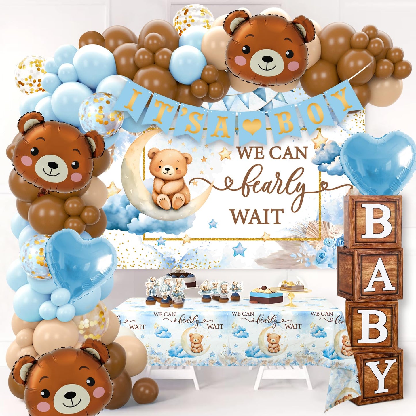We Can Bearly Wait Baby Shower Decorations - Baby Boxes with Letters,Boho Balloons,We Can Bearly Wait Backdrop,Tablecloth for Teddy Bear Baby Shower,Birthday Supplies