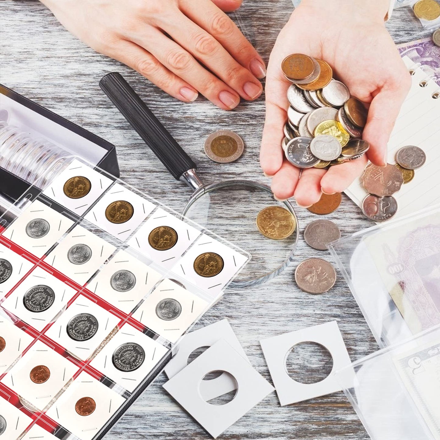 400 Cardboard Coin Holder for Collectors With 20 Sheets Pocket Pages, Collecting Book Sleeves Protectors Storage and 8 Size 2" x 2" Currency Holders for Collection Supplies