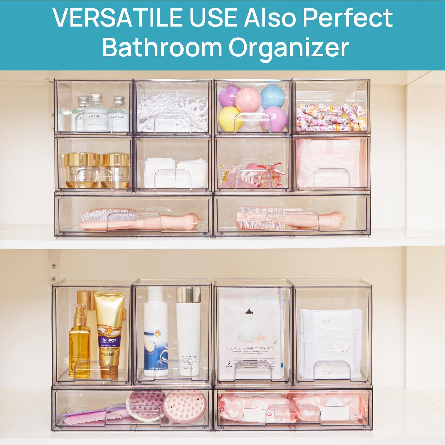 Vtopmart 4 Pack Clear Stackable Storage Drawers,7.6" H Plastic Organizers Bins for Skincare, Bathroom Supplies,Ideal for Cabinet,Under sink,Vanity,Kitchen,Pantry Organization