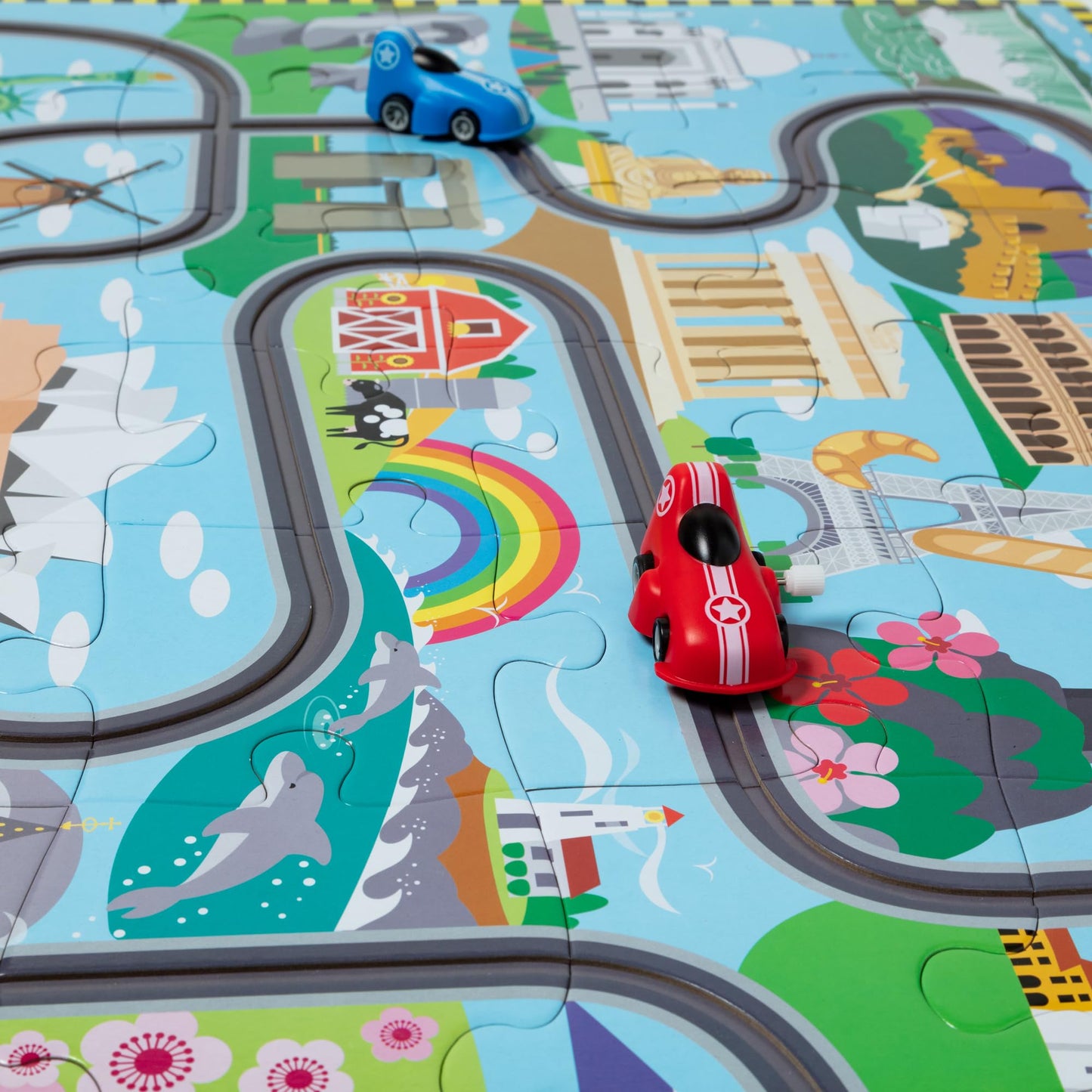 Melissa & Doug Race Around the World Tracks Cardboard Jigsaw Floor Puzzle and Wind-Up Vehicles (48 Pcs) for Preschoolers and Kids Ages 4+ - FSC Certified