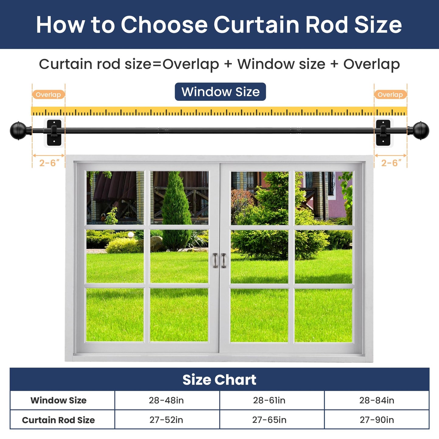upsimples 2 Pack No Drill Curtain Rods for Window 48 to 84 Inches, 5/8 Inch Diameter Renter Friendly Drapery Rod with Adhesive Brackets without Drilling, Adjustable from 27 to 90 Inches, Black