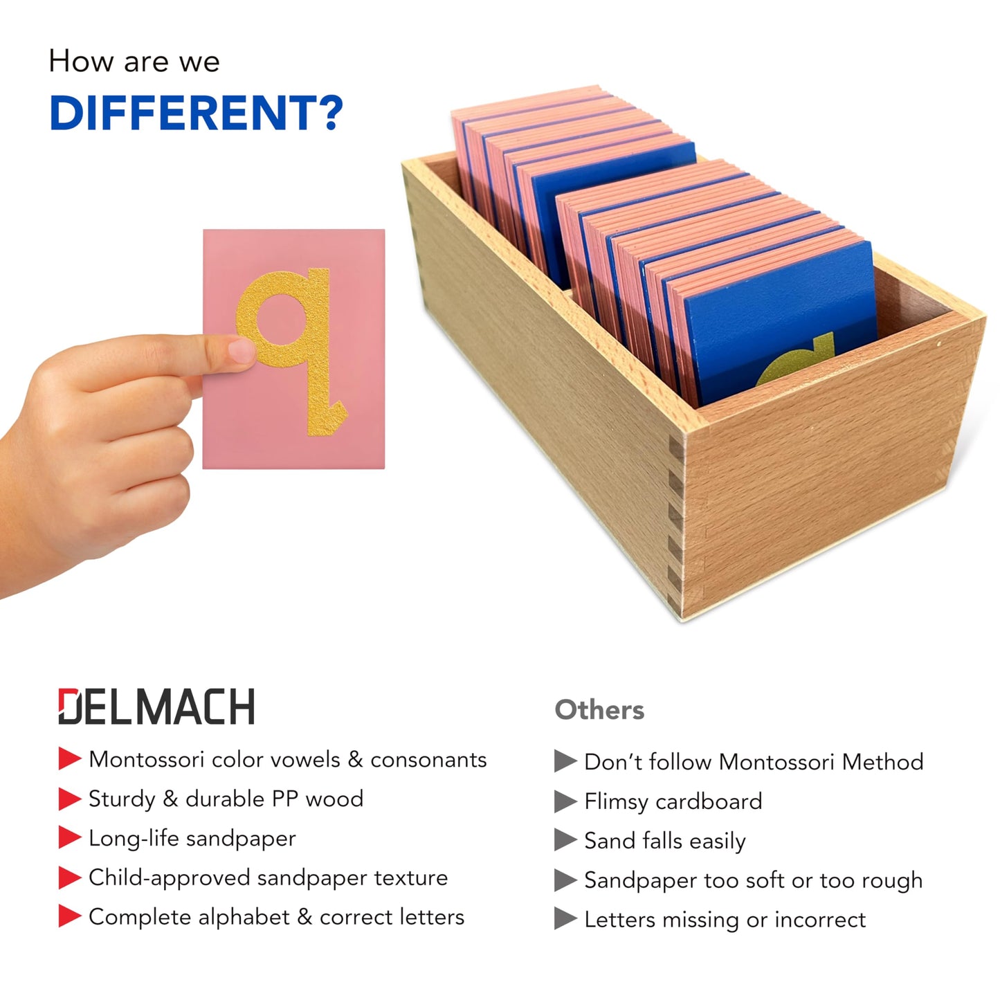 Delmach Montessori Sandpaper Letters | Lowercase and Uppercase | PP Wood Tiles | Vowel Consonant Color Coded | Includes Storage Box