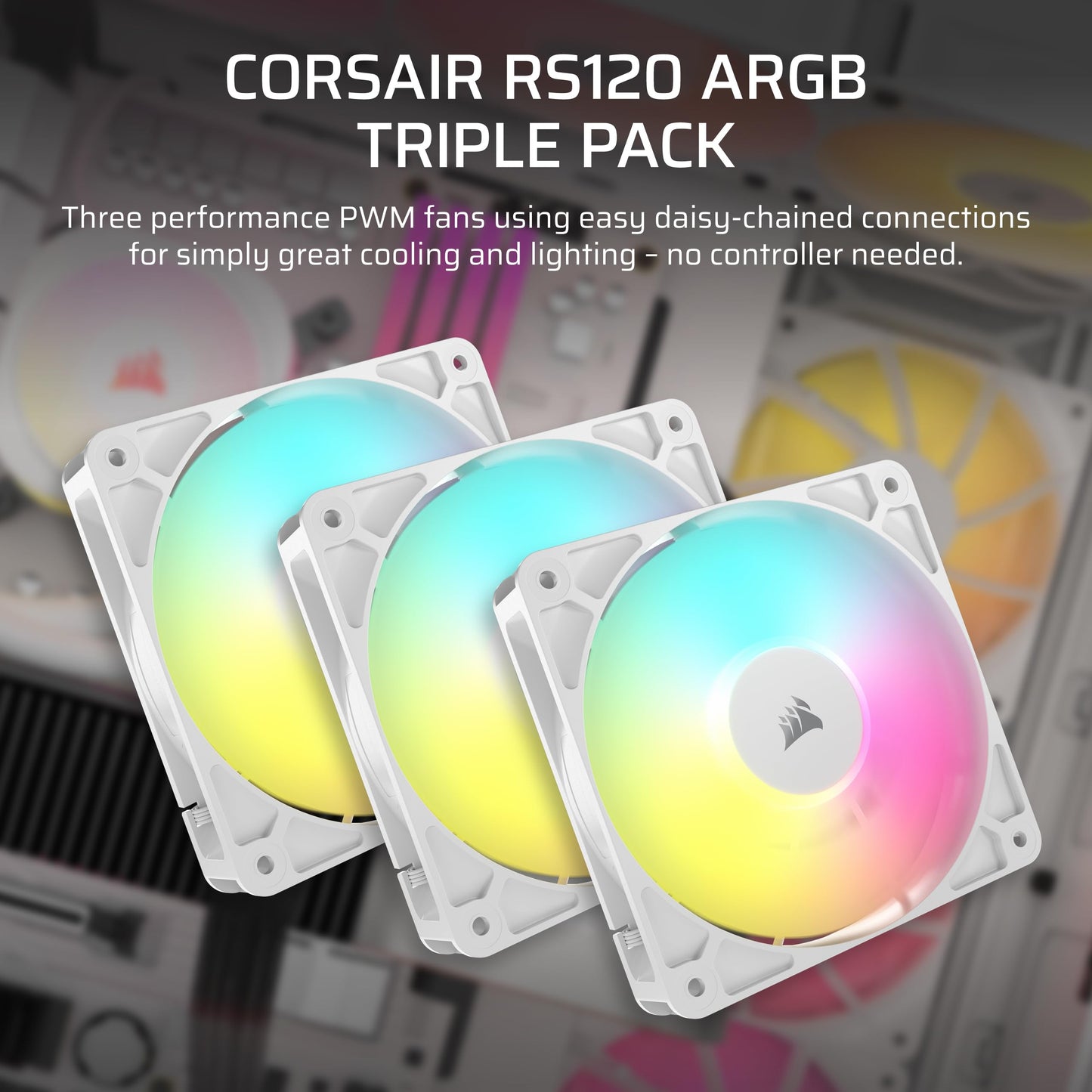 CORSAIR RS120 ARGB 120mm PWM Fans – Daisy-Chain Connection – Low-Noise – Magnetic Dome Bearing – Triple Pack – White