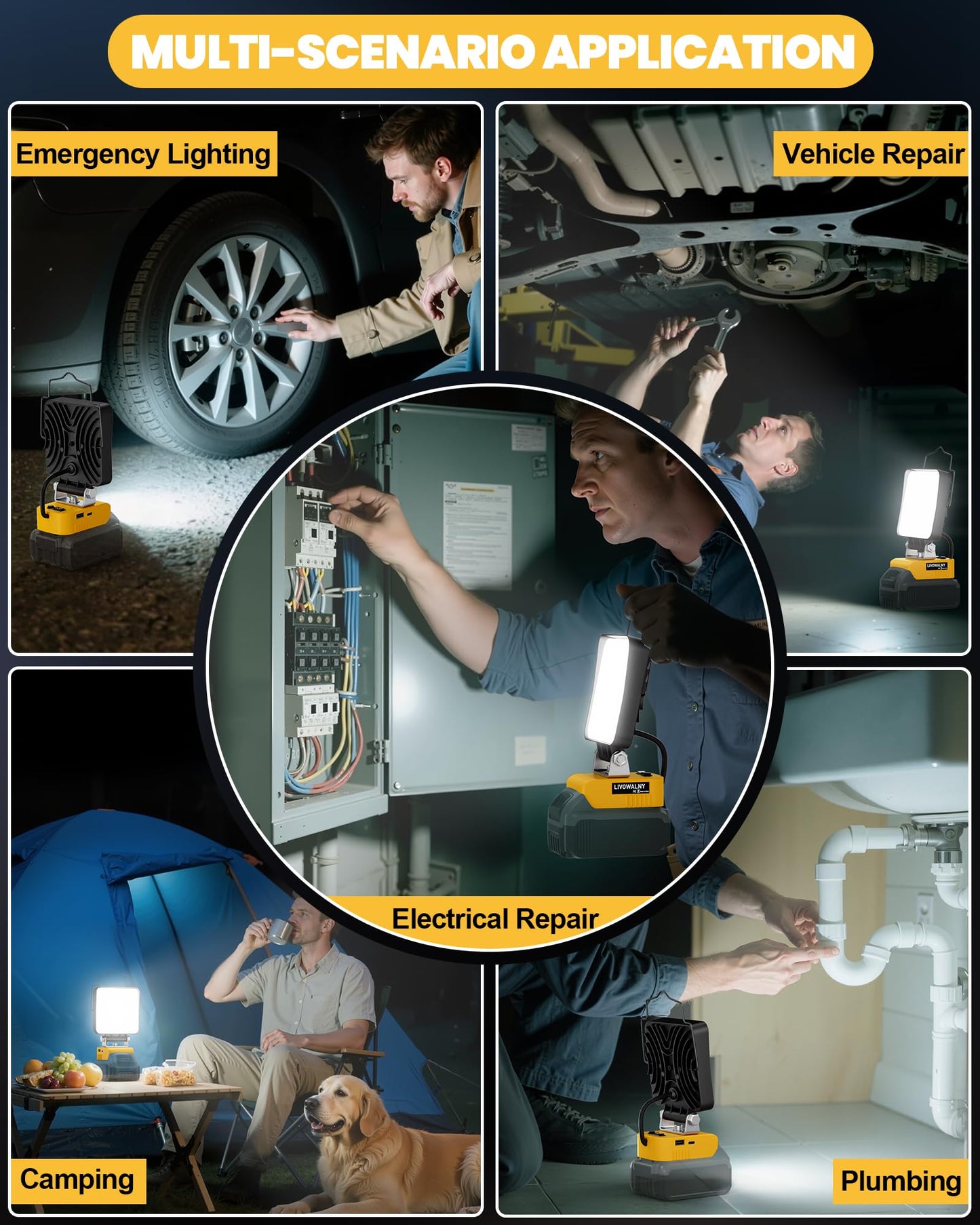 LIVOWALNY Cordless LED Work Light Compatible with Dewalt 20v Battery, 112W 11200LM Flashlight, Portable LED Flood Battery Light with USB A & USB C Charging Output Port for Emergency