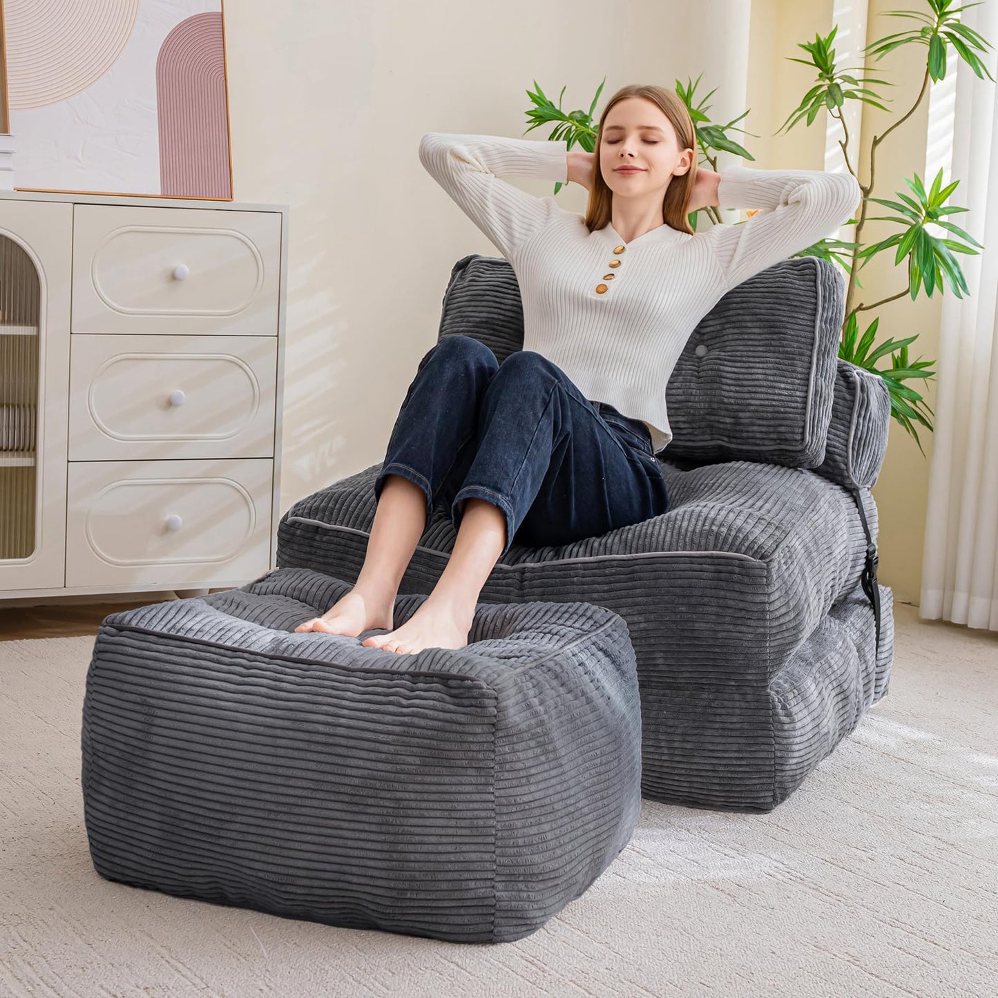 HIGOGOGO Square Stuffed Pouf Ottoman, Corduroy Poufs with Foam Chunk Filling, 21.5 X 21.5 Floor Poufs Foot Rest for Living Room,Dark Gray