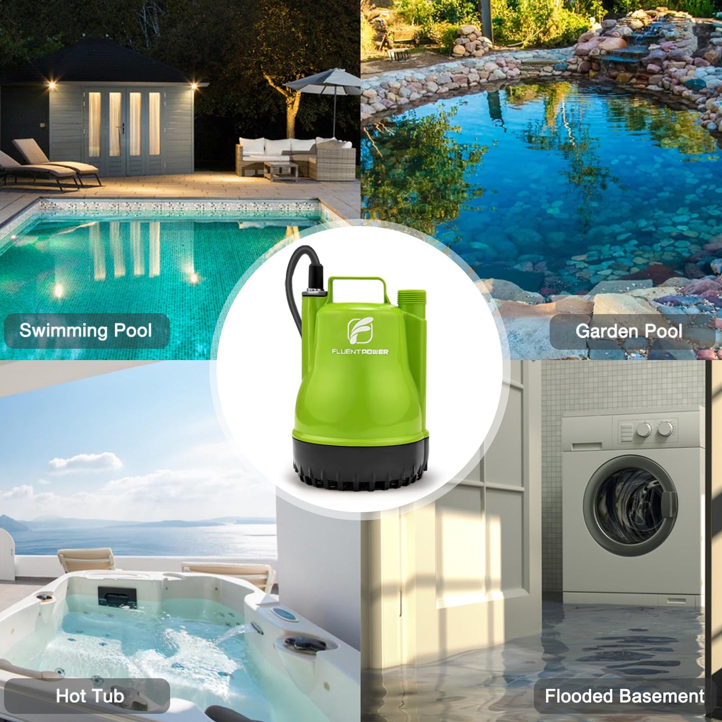 FLUENTPOWER 1/4HP Utility Pump 1900GPH Portable Submersible Sump Pump, Manual Control with 16.4 Ft Cord for Draining Water from Pool Pond Garden Hot Tub Basement Tankless Heater Liquids