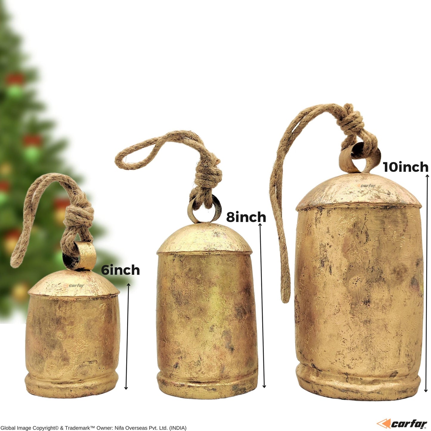 Carfar Shabby Chic Set of 3 Country Rustic Style Bells Handmade Metal Harmony Christmas Hanging Cow Bell Set on Jute Rope (Large)