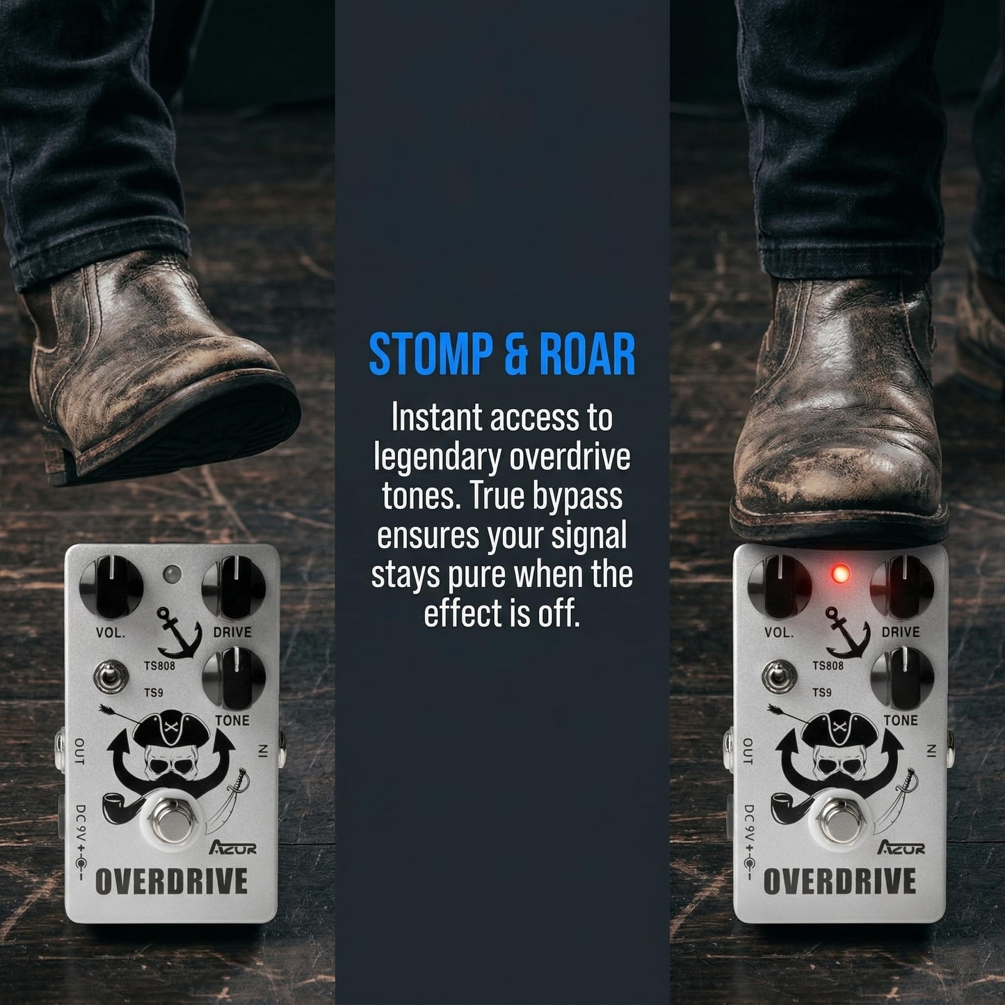 AZOR Vintage TS808/TS9 Switchable Overdrive Pedal - All-Metal True Bypass Guitar Effect with Analog Circuitry, for Electric Guitar, Bass & Pro Audio - Stage-Ready Low Noise Design