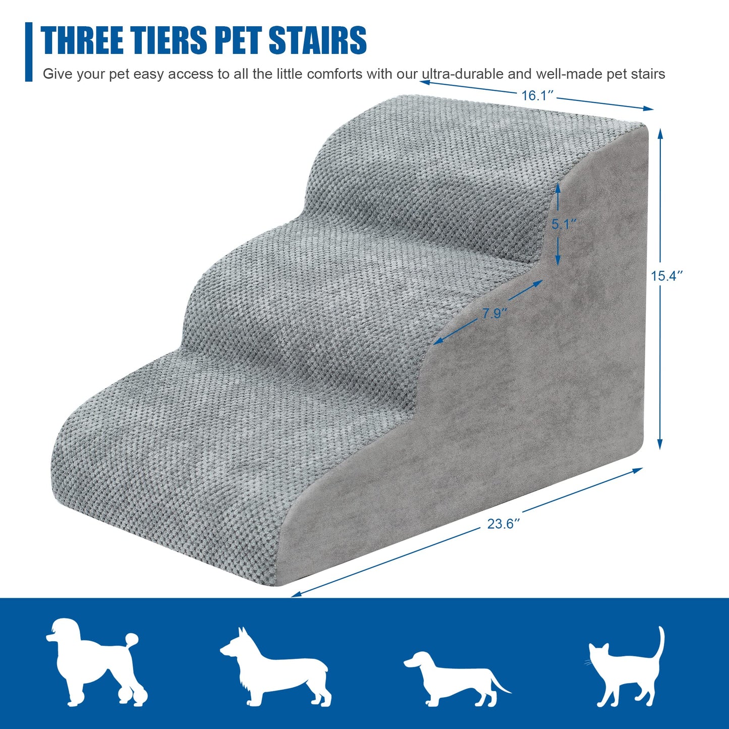 Dog Stairs for Small Dogs - High Density Foam Dog Ramp, Extra Wide Pet Steps with Non-Slip Bottom for High Beds, Couche and Sofa, Best for Dogs Injured, Older Dogs Cats, Pet with Joint Pain (3 Tiers)