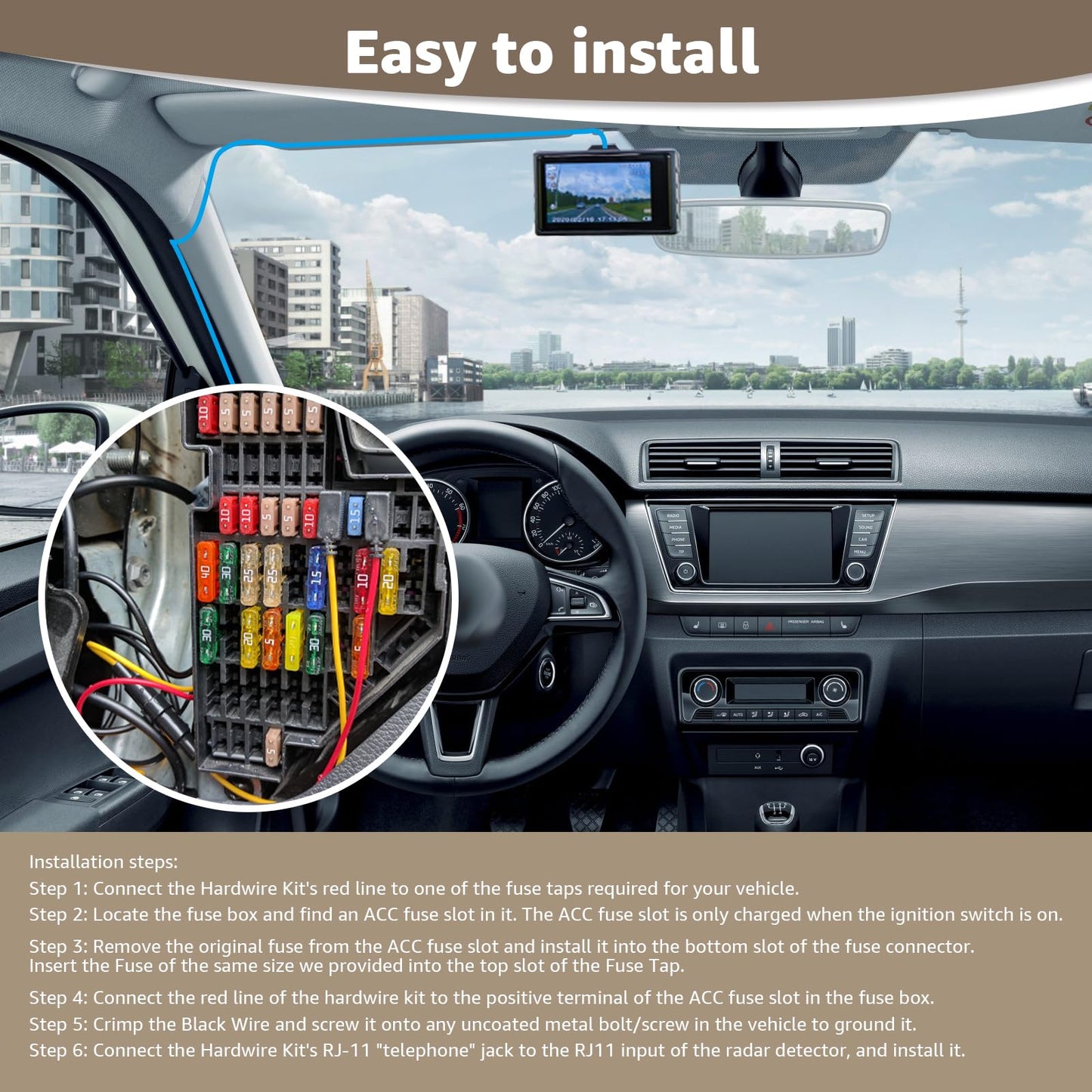 Universal RJ11 Radar Detector Hardwire Kit Compatible with Uniden R3, R7, R8, Escort, Valentine One, Cobra Direct Wire Power Cord with Multiple Fuse Taps