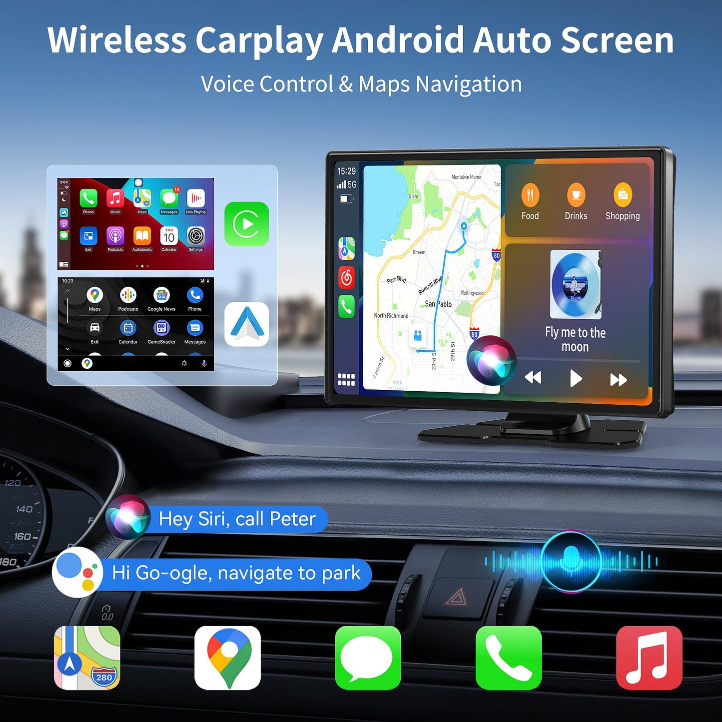 Carplay Screen for Car, 9" Android Auto Screen with 4K Dashcam, Backup Camera, Carplay Screen Compatible with Wireless A-pple Carplay & Android auto, MirrorLink, TF Card, Bluetooth, Siri, Navigation