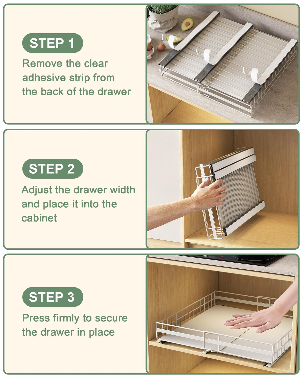 UMDONX 2 Pack Expandable Pull Out Cabinet Organizer Drawers Kitchen Cupboard Storage, No Drill Sliding Rack Adhesive Pantry Shelf (Durable Metal White Load 65LBS)