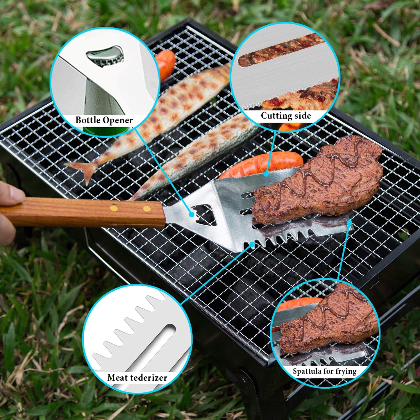 IMAGE 4 PCS Stainless Steel BBQ Grill Tool Set, Multifunctional Spatula, Barbecue Tong,Basting Brush,Meat Fork Durable in Use Grilling Kit for Cooking, Backyard Barbecue & Outdoor Camping