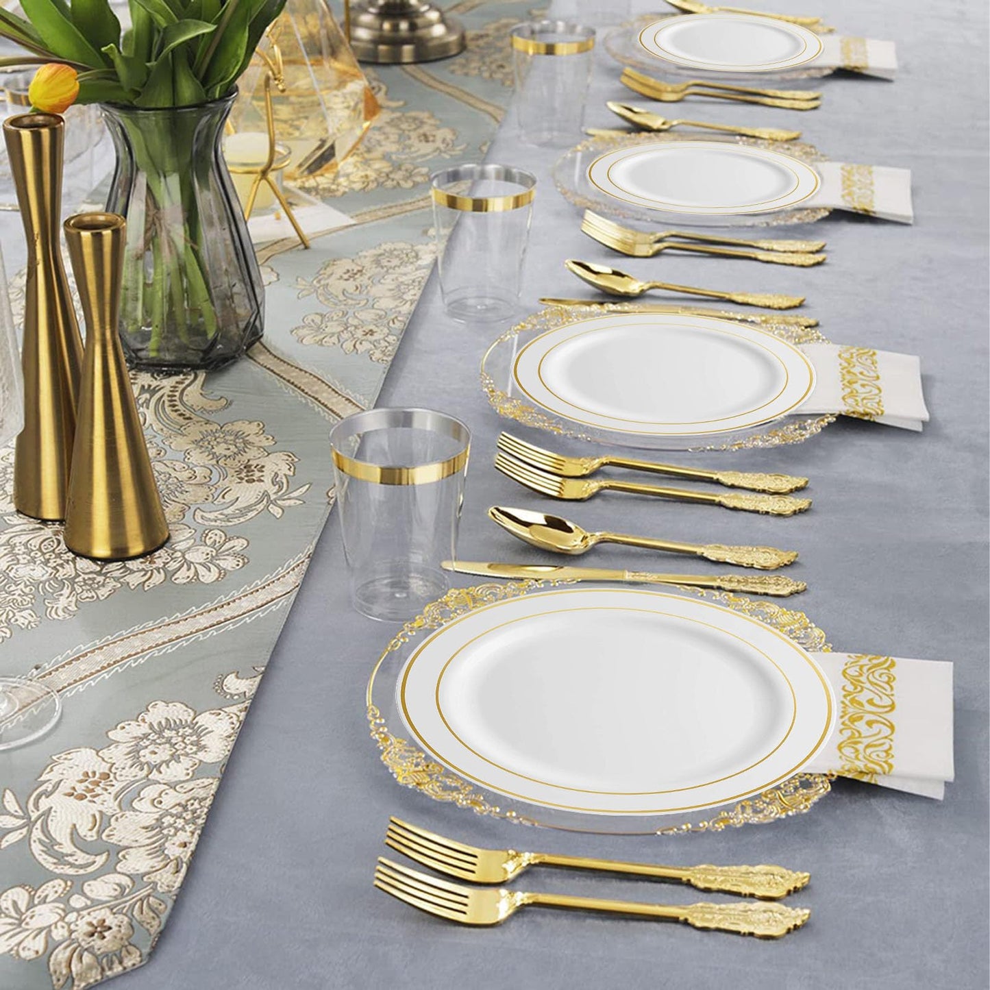 50 Piece Gold Round Plastic Plates, Premium Gold Trim Disposable Plastic Salad/Dessert Plates Ideal for Weddings and Parties (7.5 Inch)