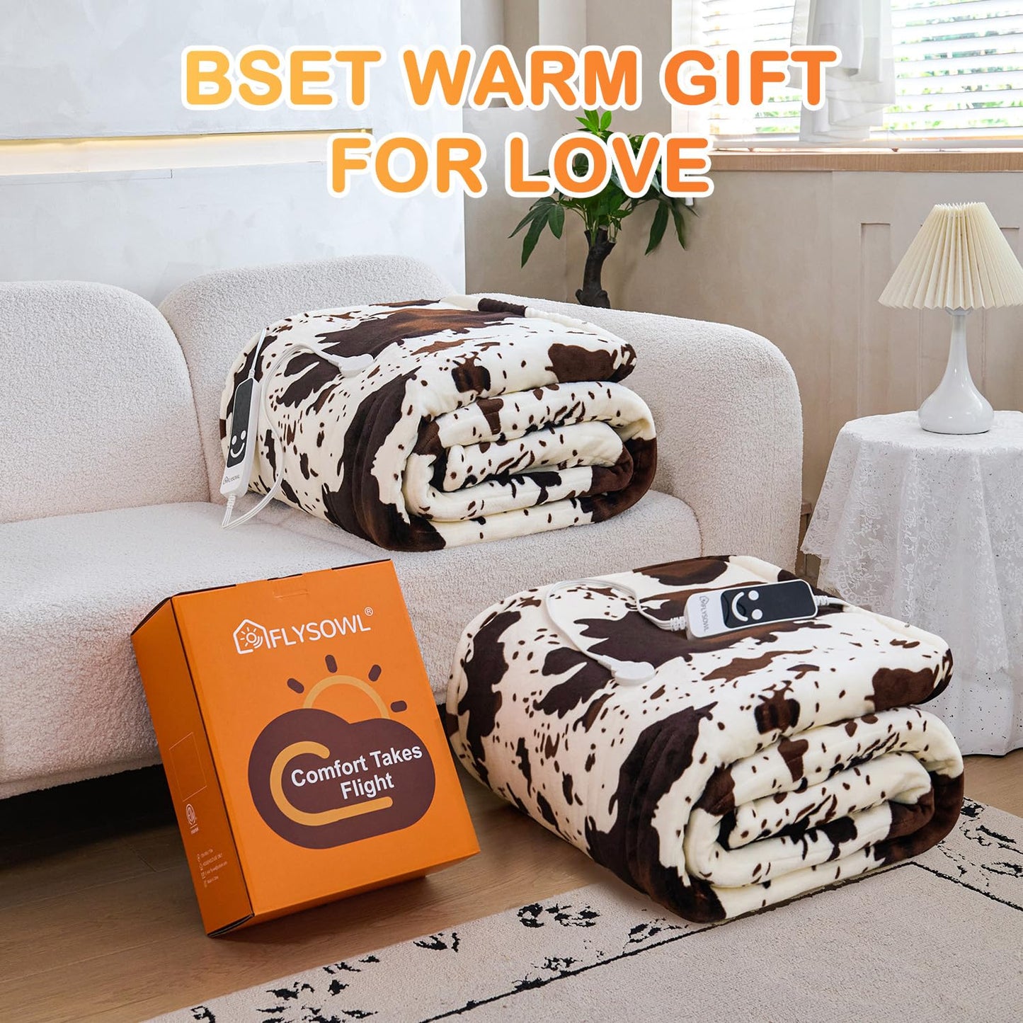 Electric Heated Blanket Heating Blanket Cow Print Throw 50INx60IN Winter Warm Blanket Gift 5 Heat Levels & 12 Hours Auto-Off, Cozy Soft Fleece Sherpa, Machine Washable,ETL Certificated