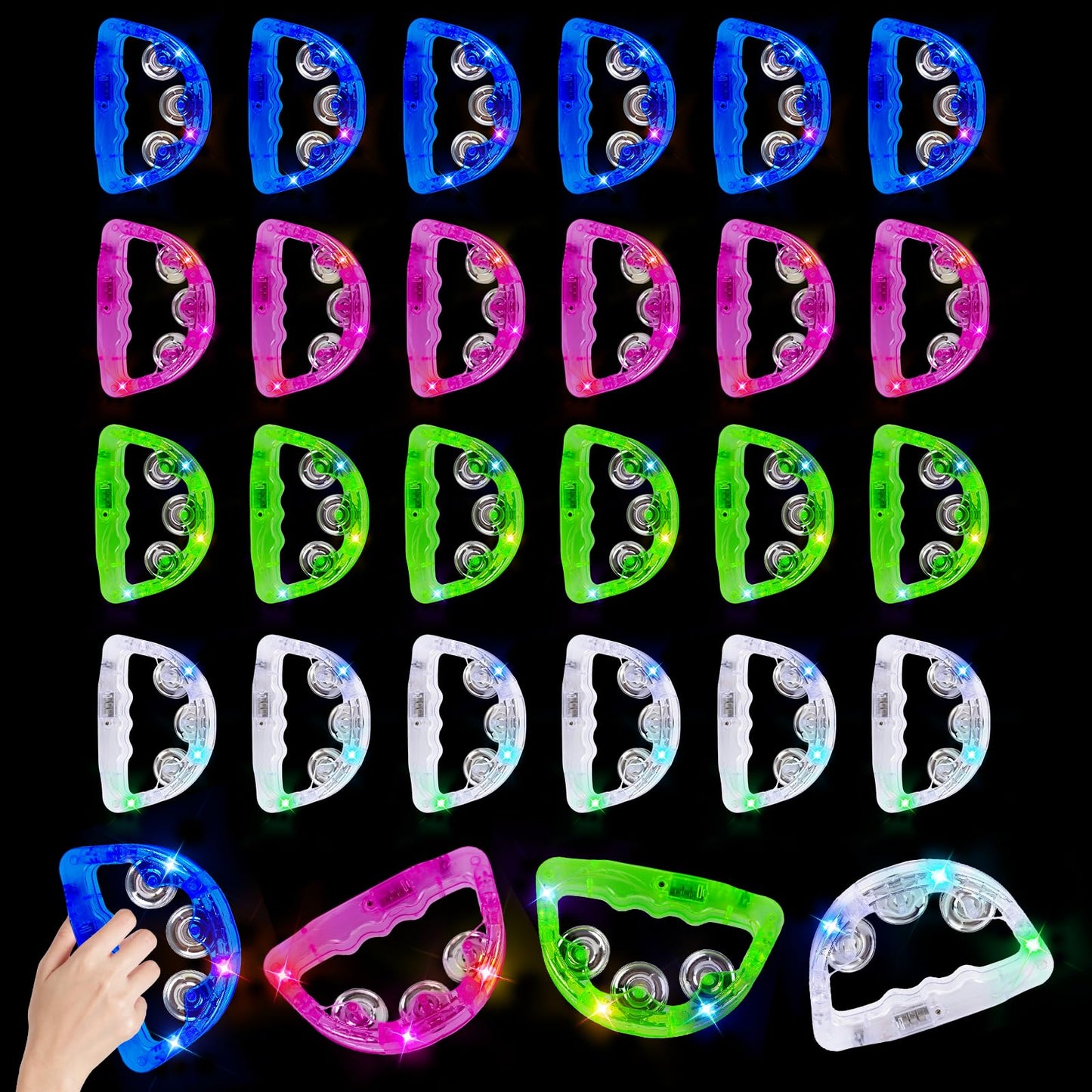 LED Light Up Musical Tambourines: Handheld Music Flashing Tambourine Glow In The Dark Party Supplies - Led Tambourines Percussion Instrument for Bar Wedding Christmas Halloween (24pcs mixed colors)
