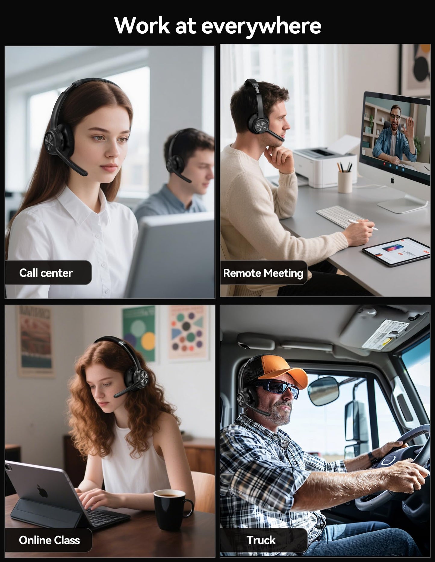 TECKNET Wireless Headset with Microphone - V6.0 Bluetooth Trucker Headset with Noise Cancelling Microphone and Mute Button, 60H Working Time, On-Ear Bluetooth Headphones for Call Center/Office/Drivers