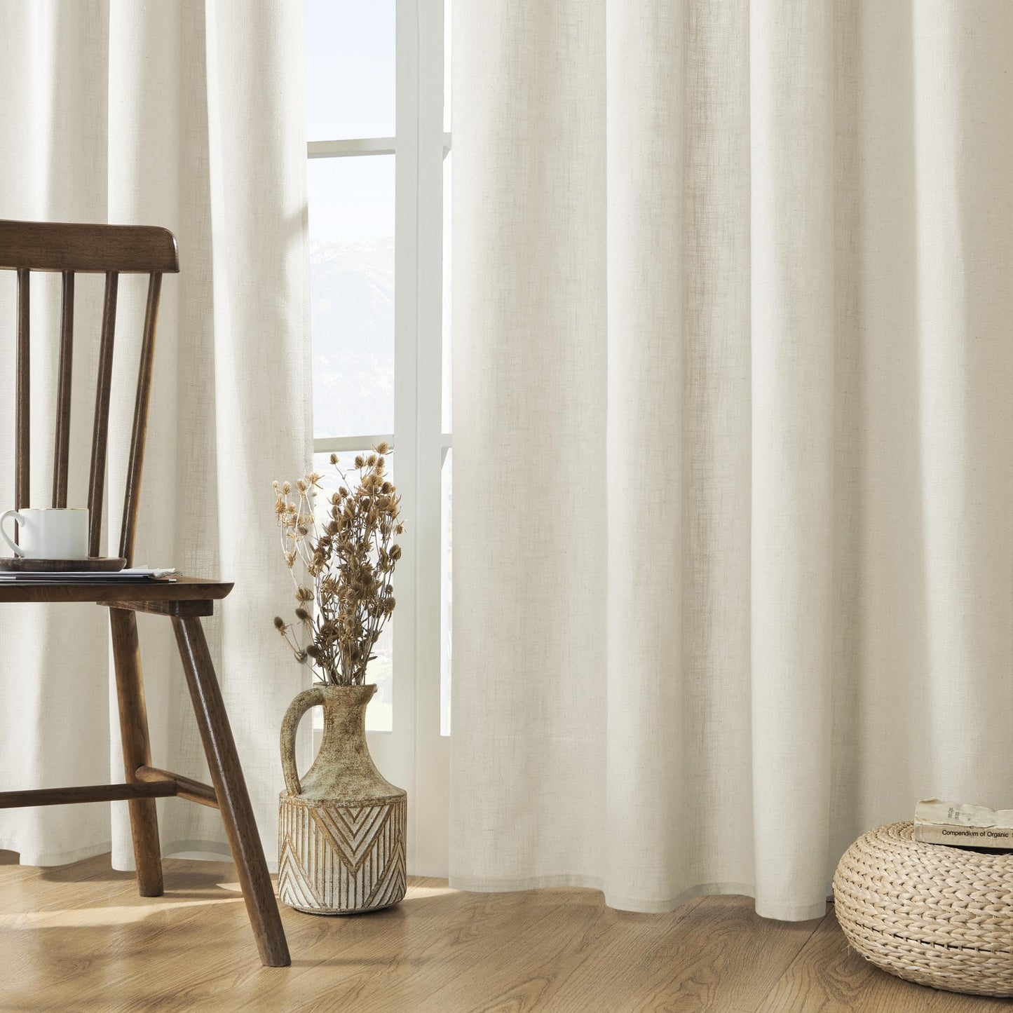 Joydeco Linen Curtains 2 Panel Set,Light Filtering, Ivory on Linen Curtains 96 Inch Drapess for Living Room, Cream Drapes 96 Inches Long Rod Pocket Back Tab Drapes (96" L x 52" W)
