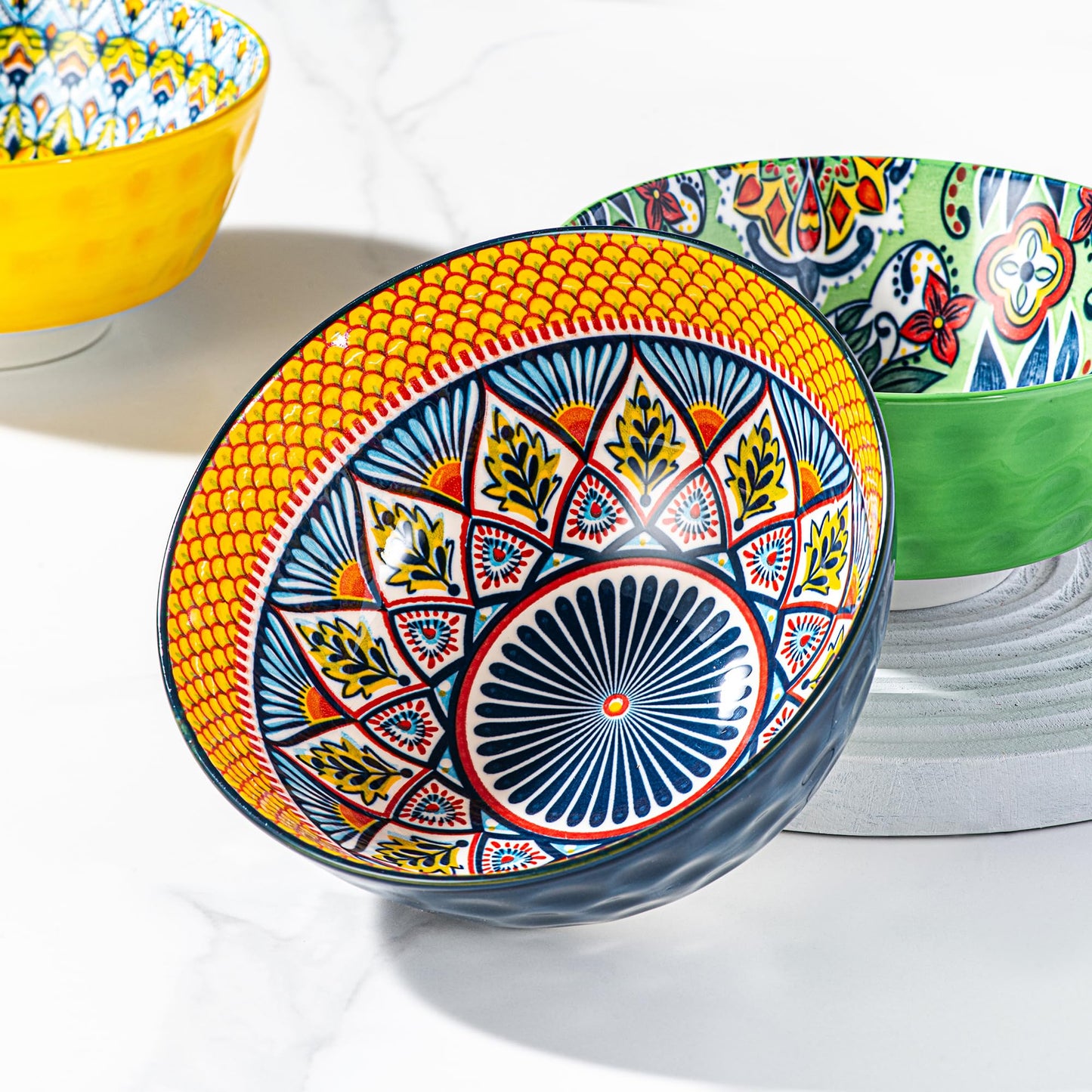 Porcelain Cereal, Soup Bowls Set of 6-25 Oz Colorful Serving Bowls for Salad, Pasta, Oatmeal, Dessert, Dishware, Microwave & Oven Safe - Bohemian Style